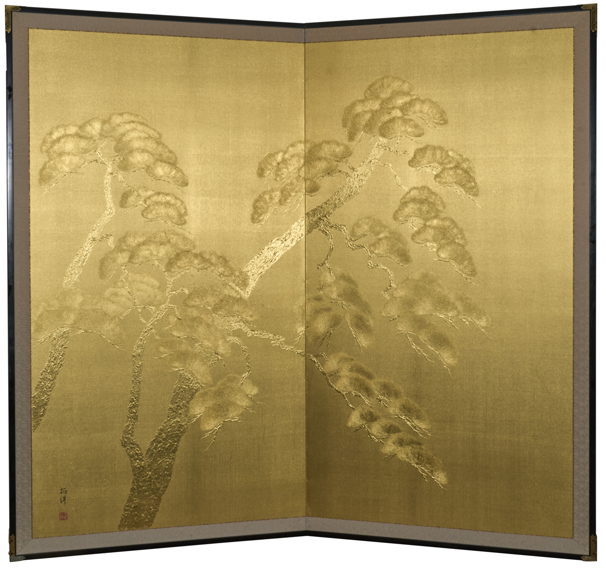 Japanese Two Panel Screen: Gilded Pine