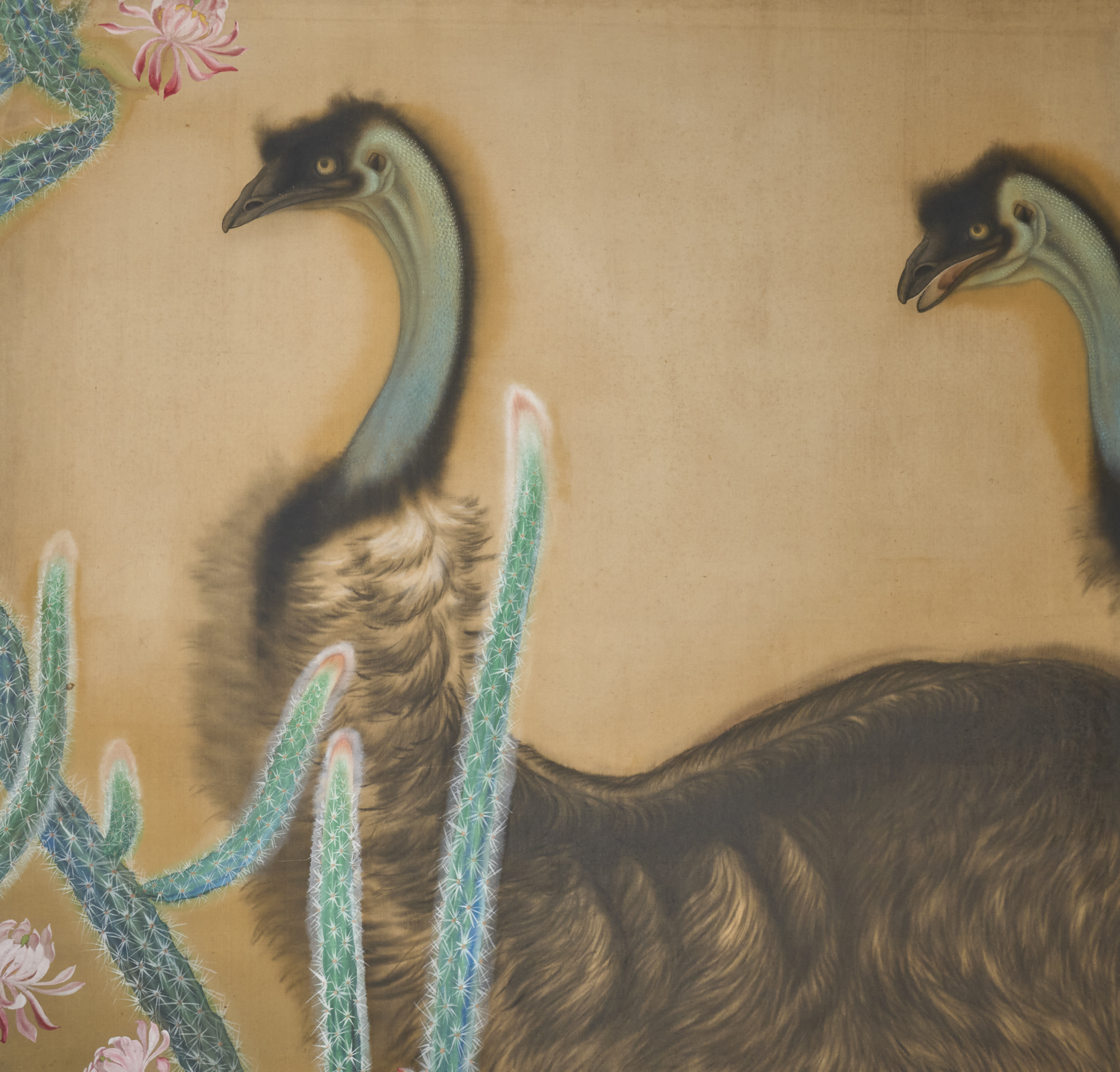 Japanese Two Panel Screen: Emu in Flowering Cactus