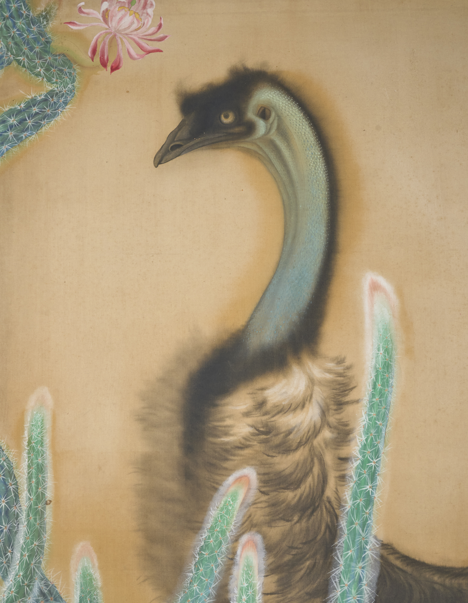 Japanese Two Panel Screen: Emu in Flowering Cactus