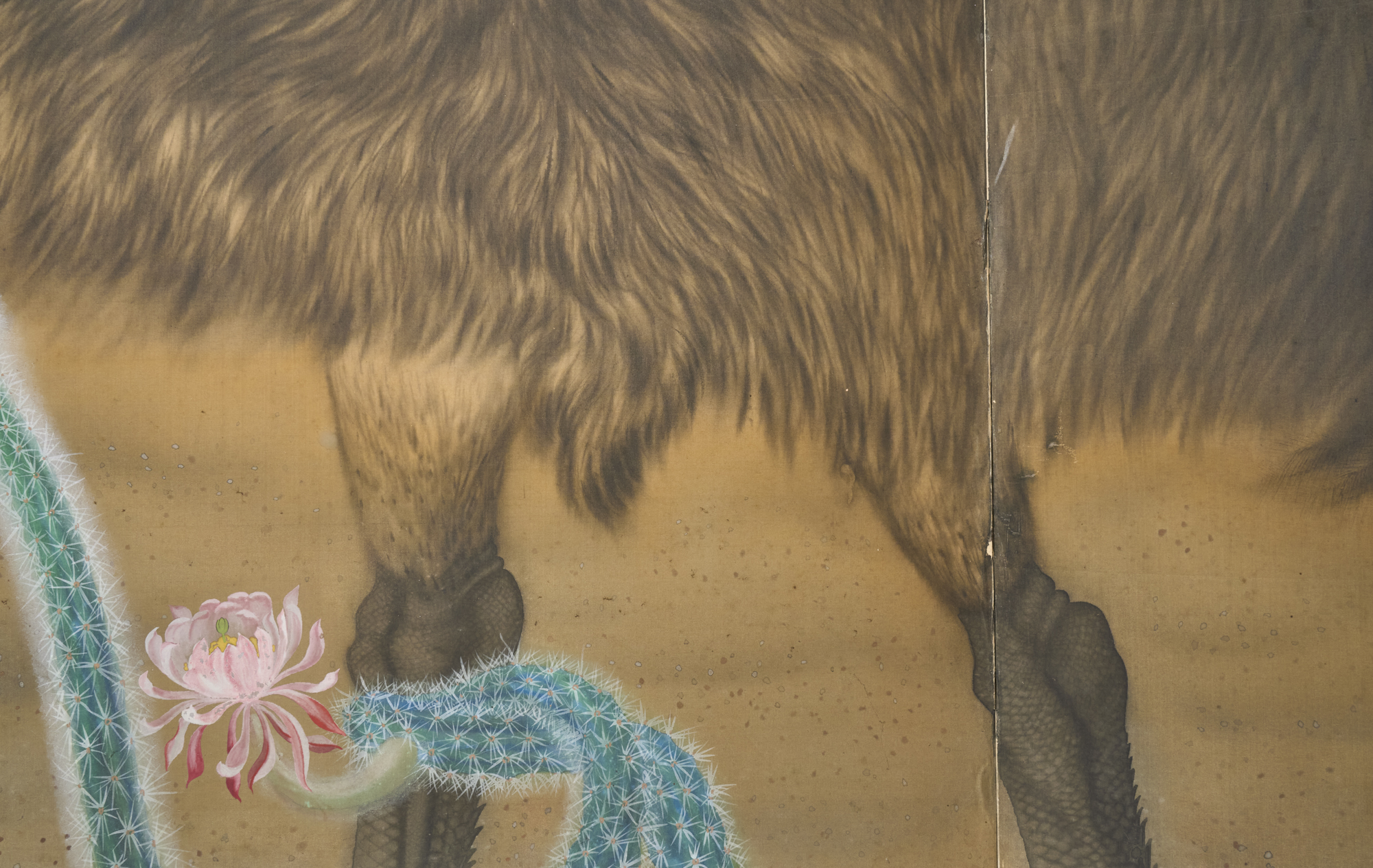Japanese Two Panel Screen: Emu in Flowering Cactus