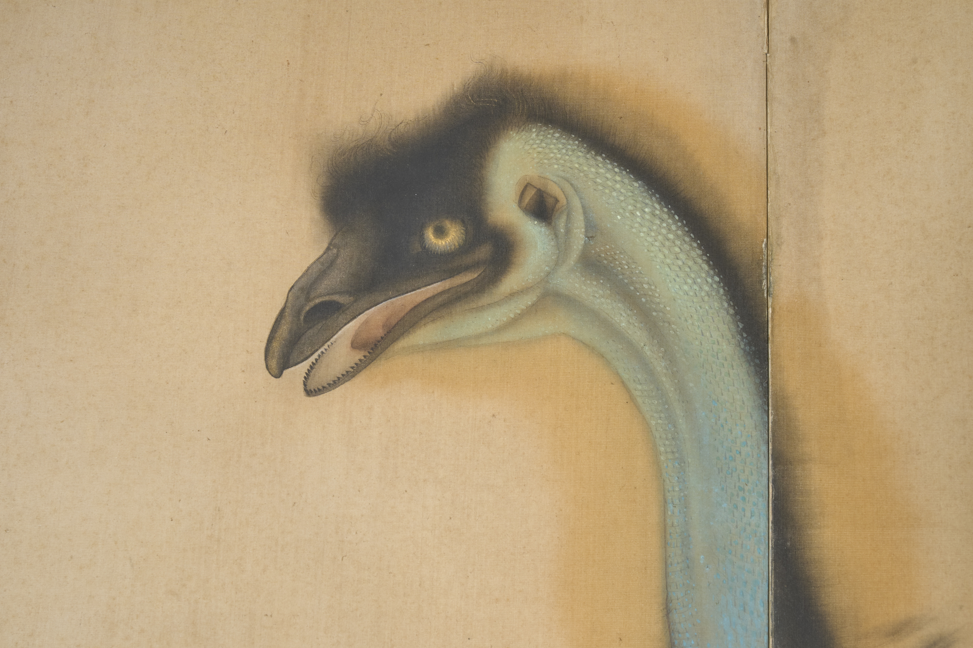 Japanese Two Panel Screen: Emu in Flowering Cactus