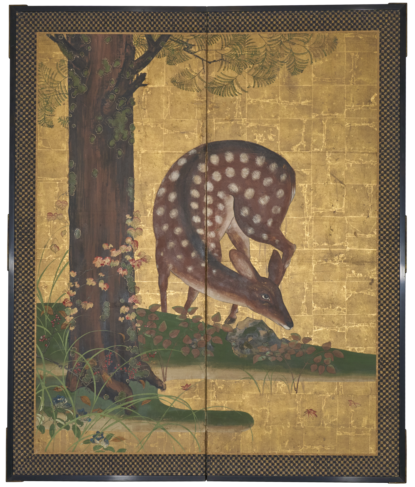 Japanese Two Panel Screen: Woodland Deer