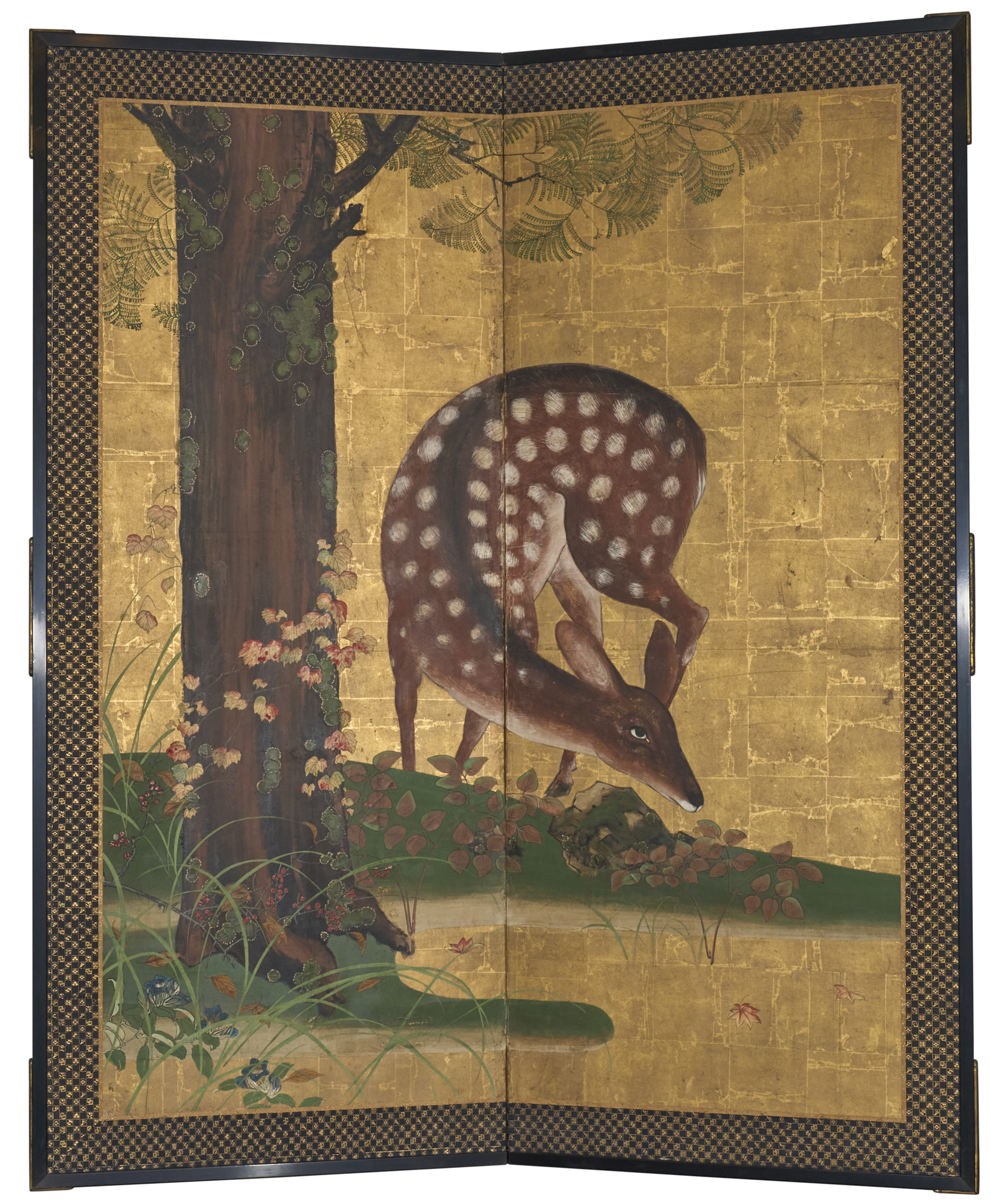 Japanese Two Panel Screen: Woodland Deer