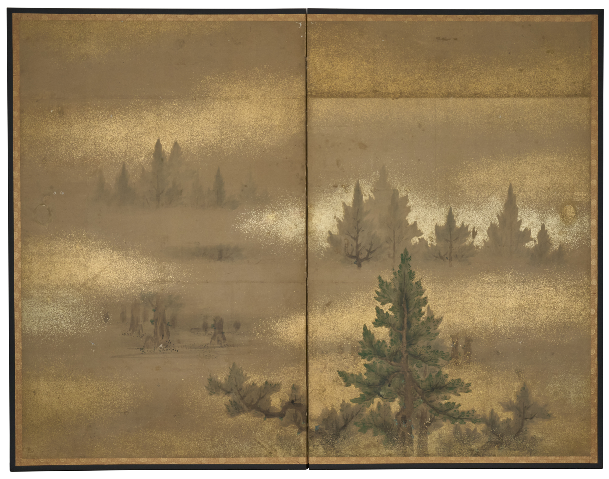 Japanese Two Panel Screen: Misty Cedar Forest