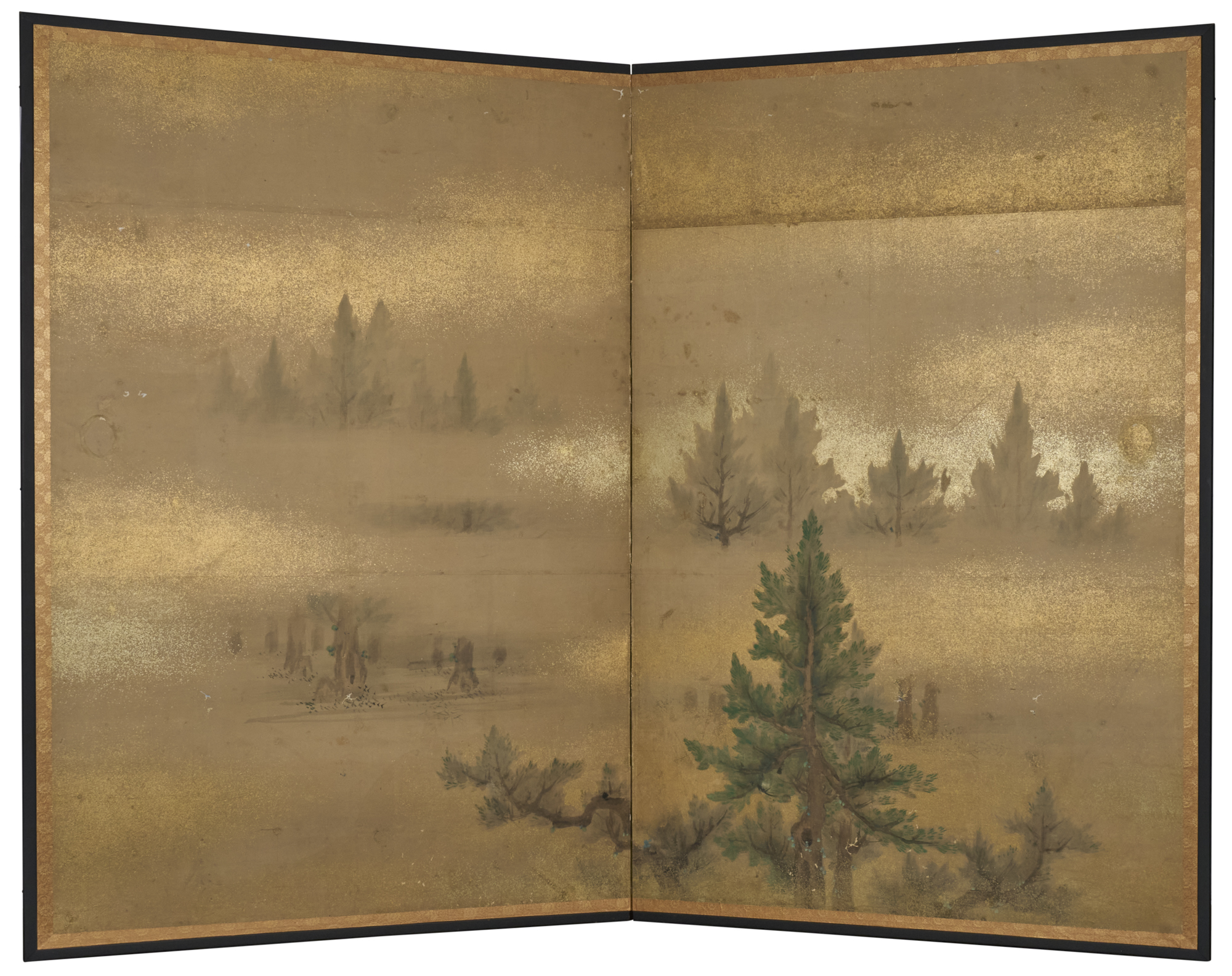 Japanese Two Panel Screen: Misty Cedar Forest