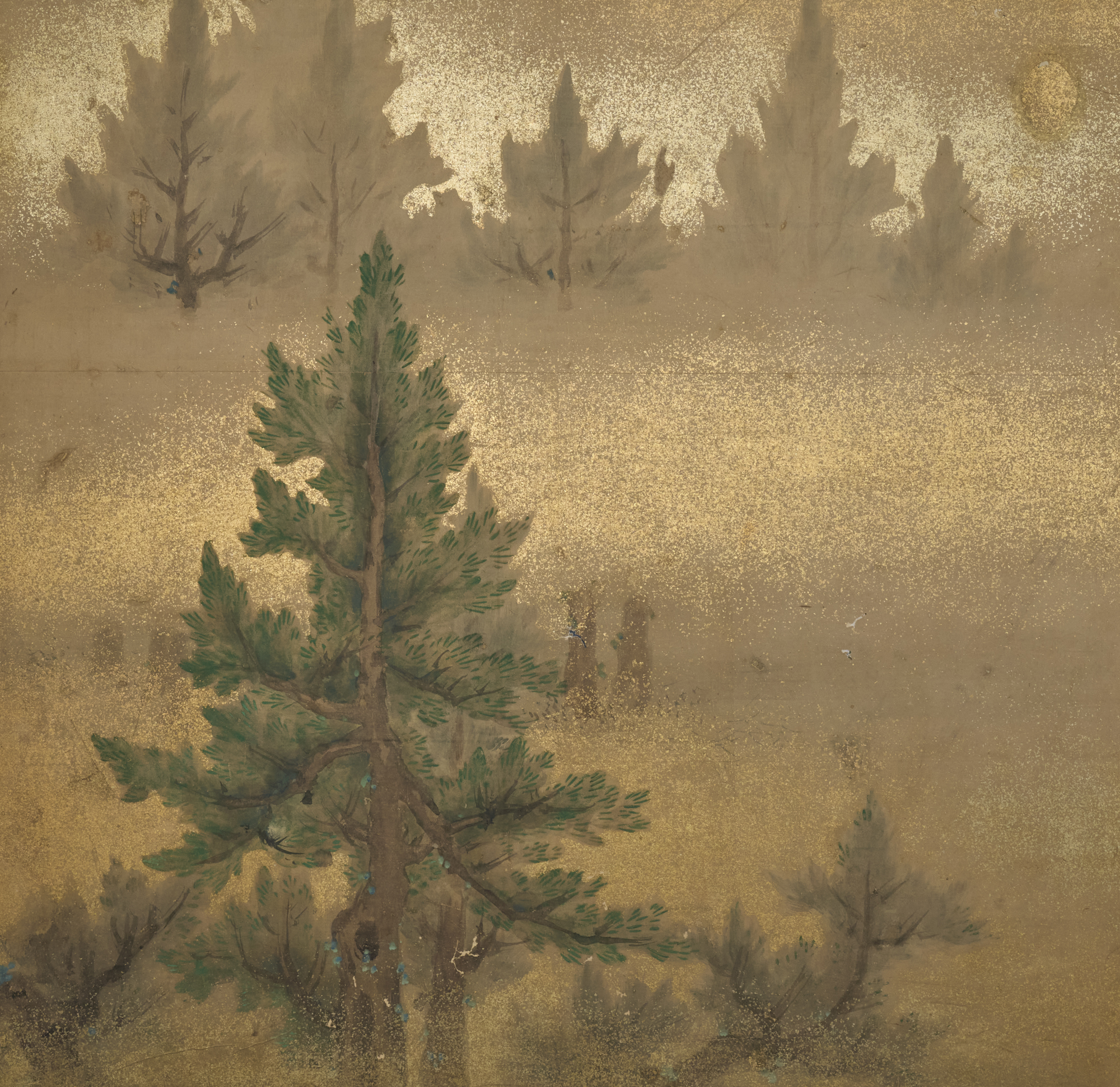Japanese Two Panel Screen: Misty Cedar Forest