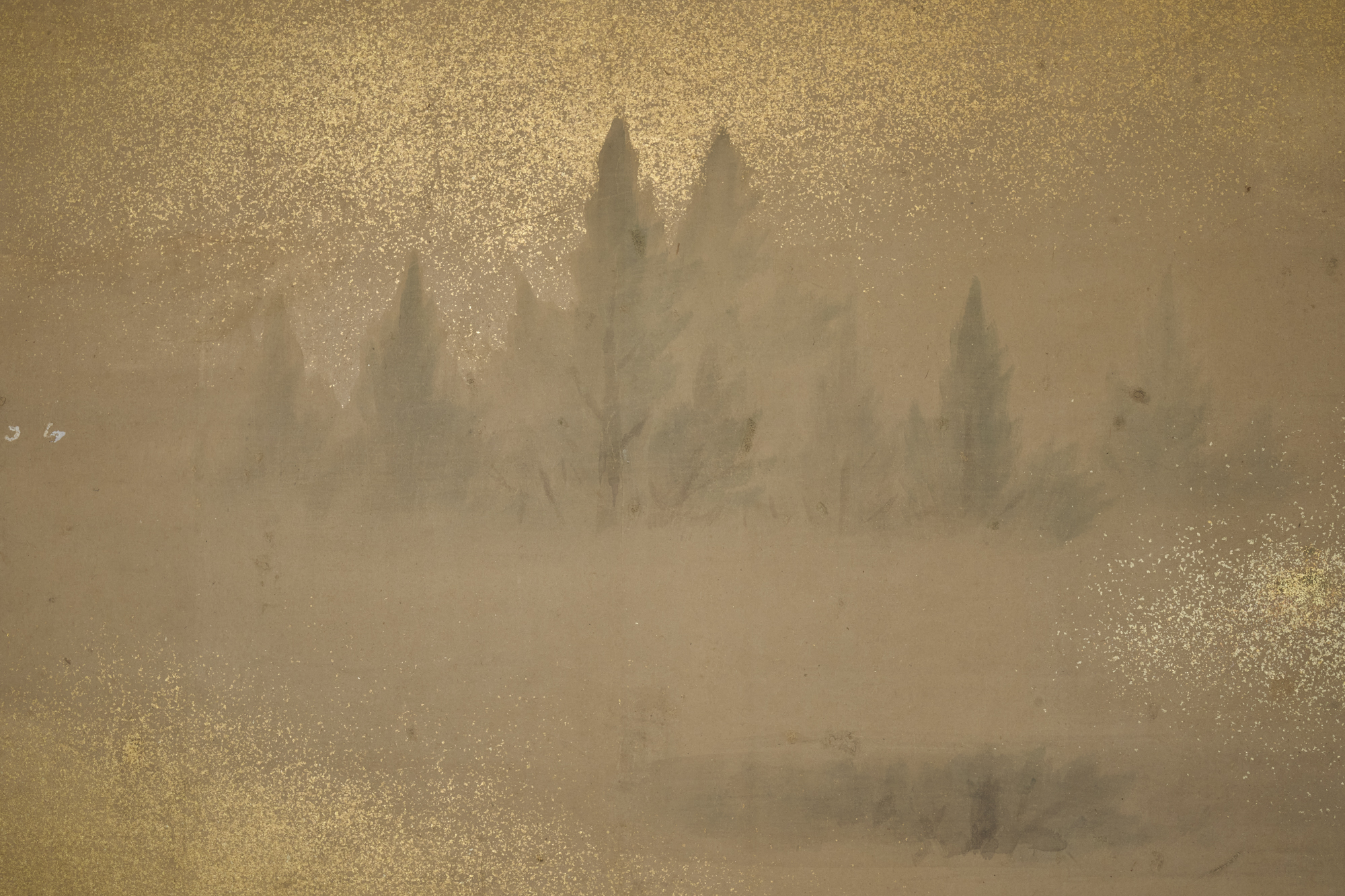 Japanese Two Panel Screen: Misty Cedar Forest