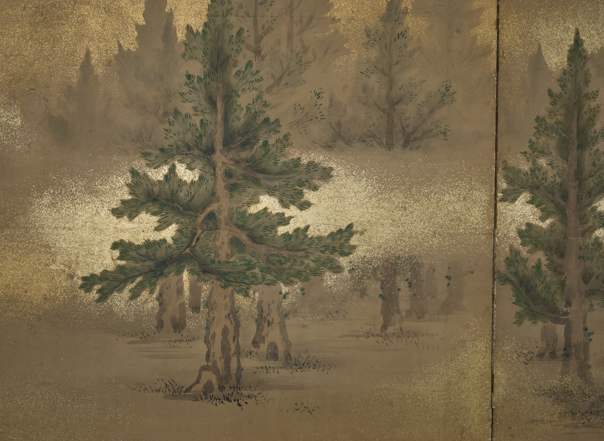 Pair of Japanese Two Panel Screens: Misty Cedar Forest