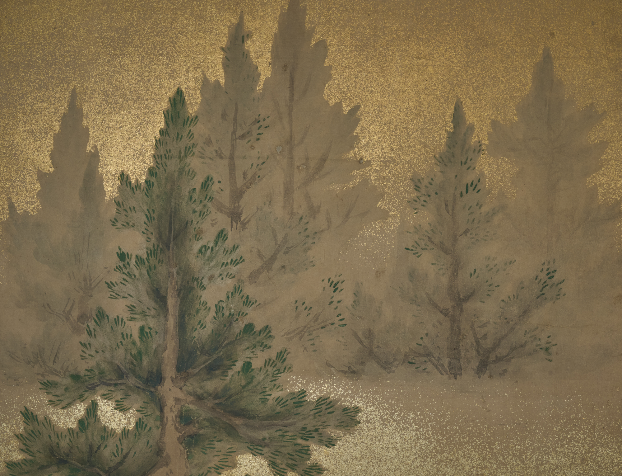 Pair of Japanese Two Panel Screens: Misty Cedar Forest