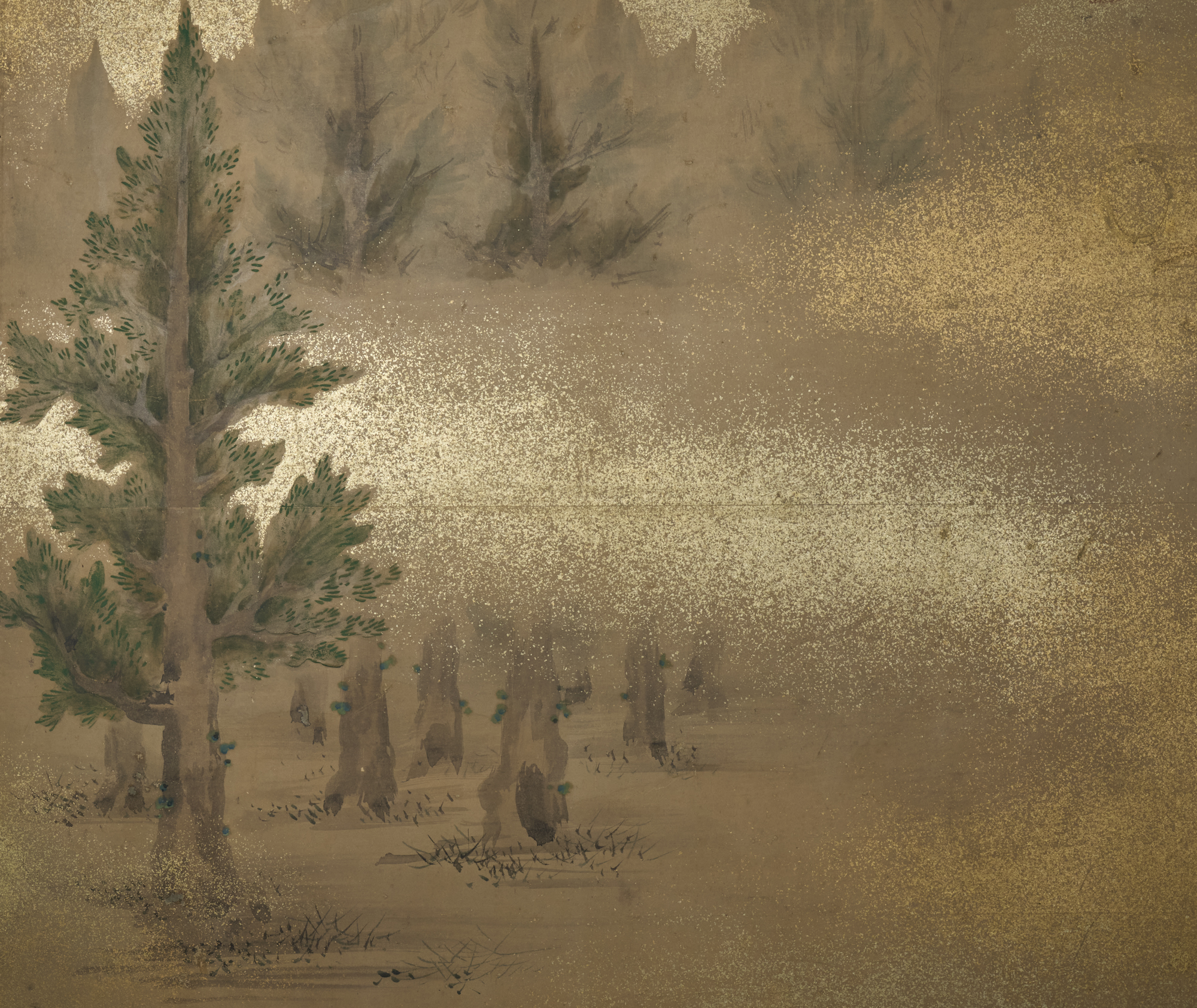 Pair of Japanese Two Panel Screens: Misty Cedar Forest