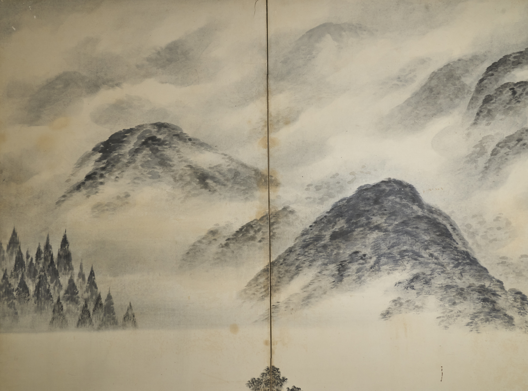 Pair of Japanese Six Panel Screens: Into the Woods / Mountains in the Mist
