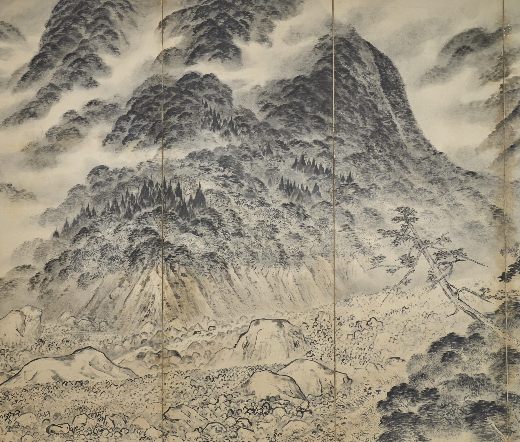Pair of Japanese Six Panel Screens: Into the Woods / Mountains in the Mist