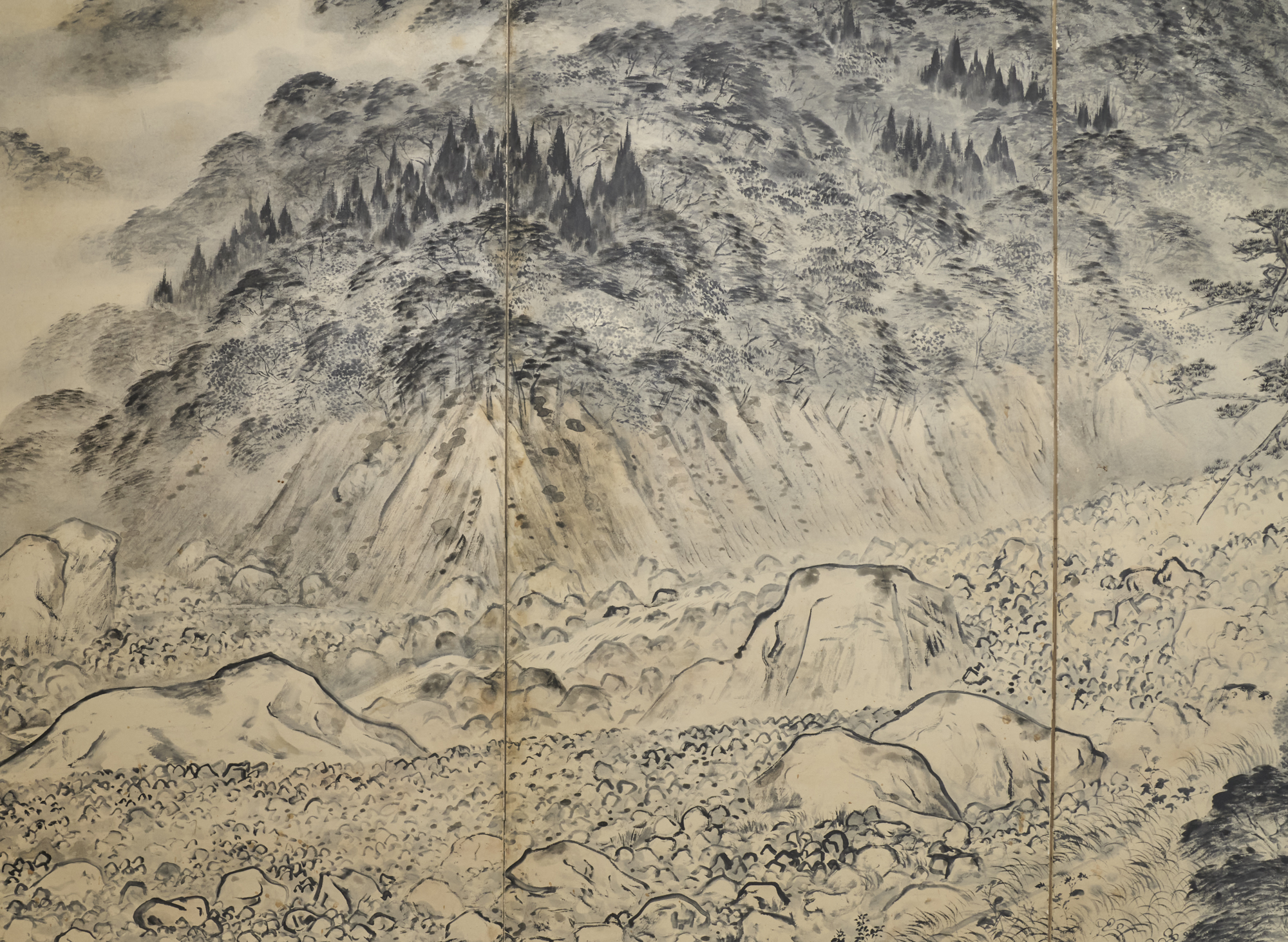 Pair of Japanese Six Panel Screens: Into the Woods / Mountains in the Mist