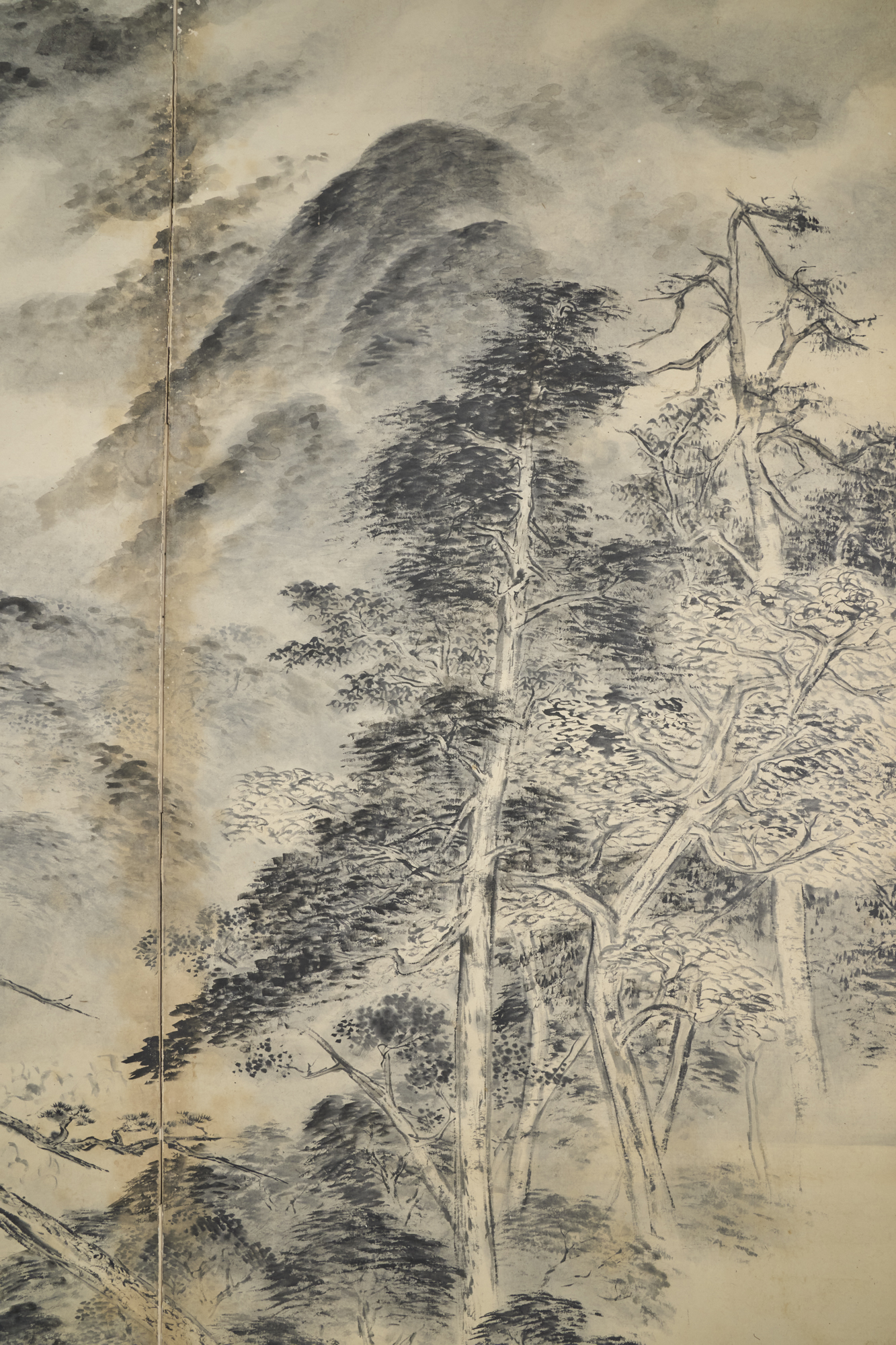 Pair of Japanese Six Panel Screens: Into the Woods / Mountains in the Mist