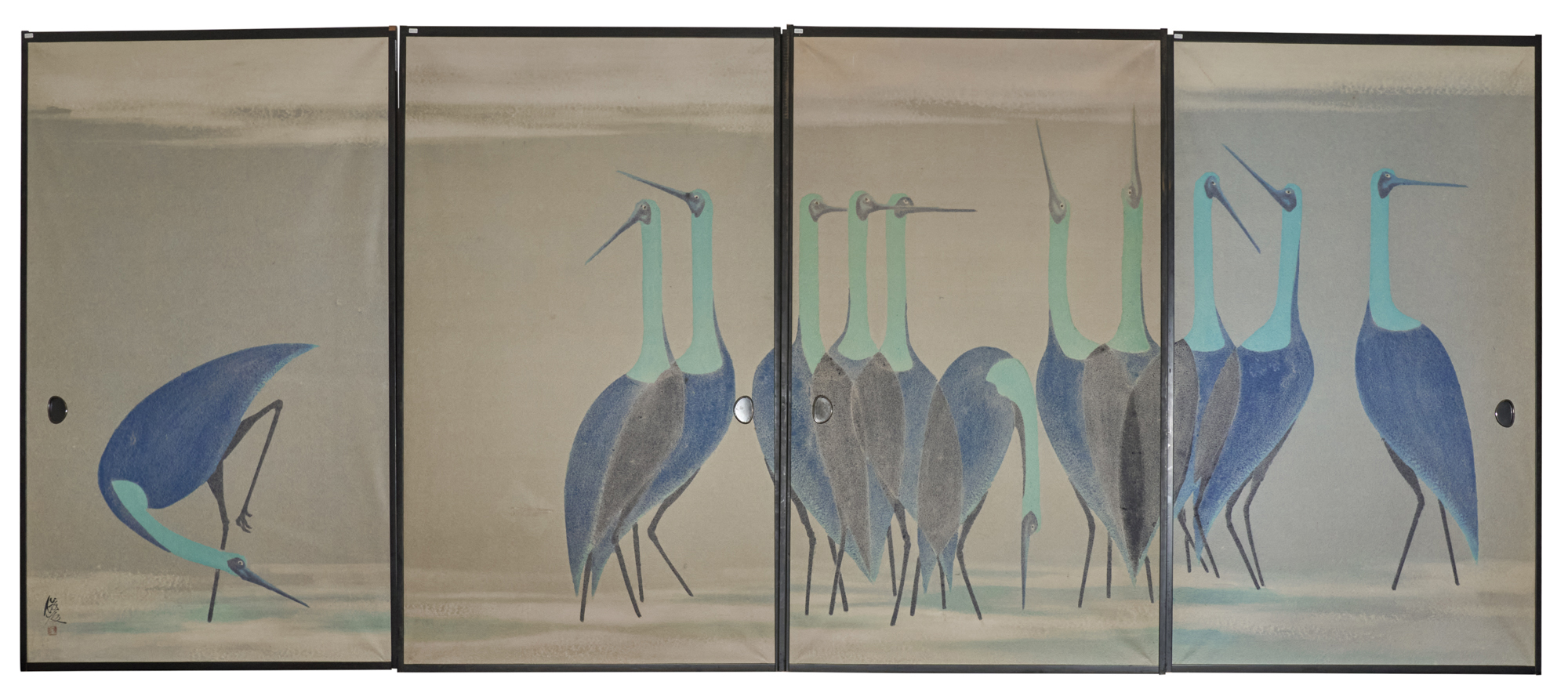 Set of Four Sliding Doors (Fusuma): Wading Cranes