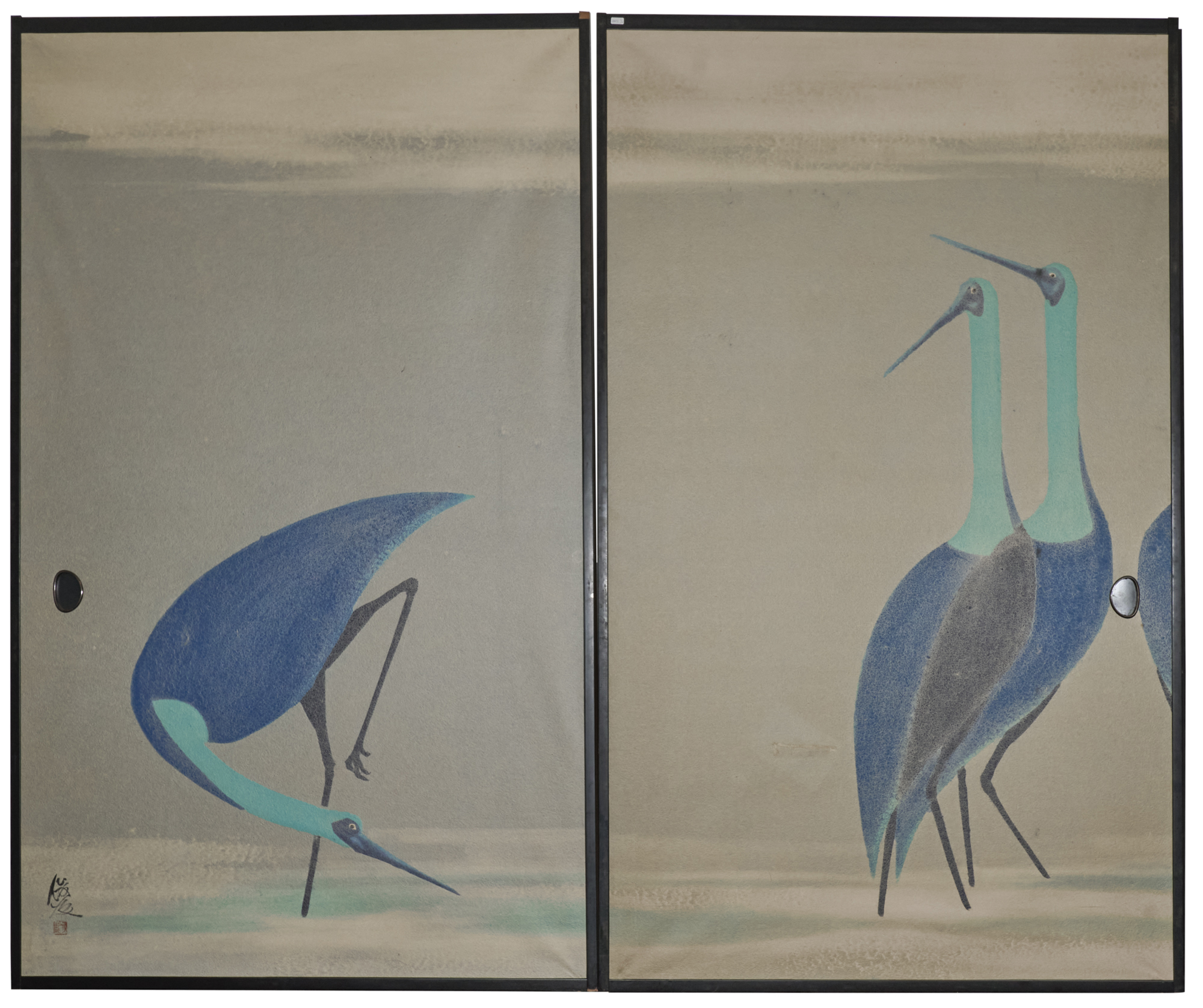 Set of Four Sliding Doors (Fusuma): Wading Cranes