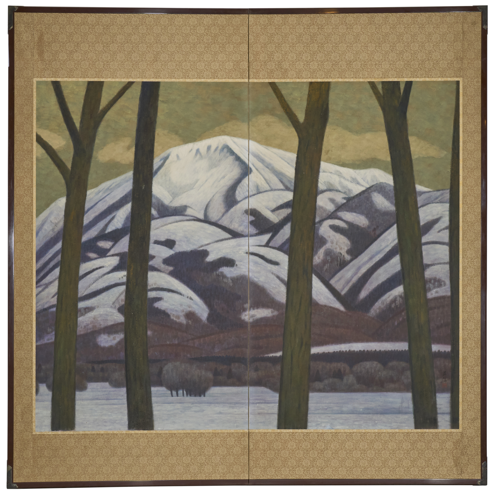 Japanese Two Panel Screen: Snowy Mountain Landscape