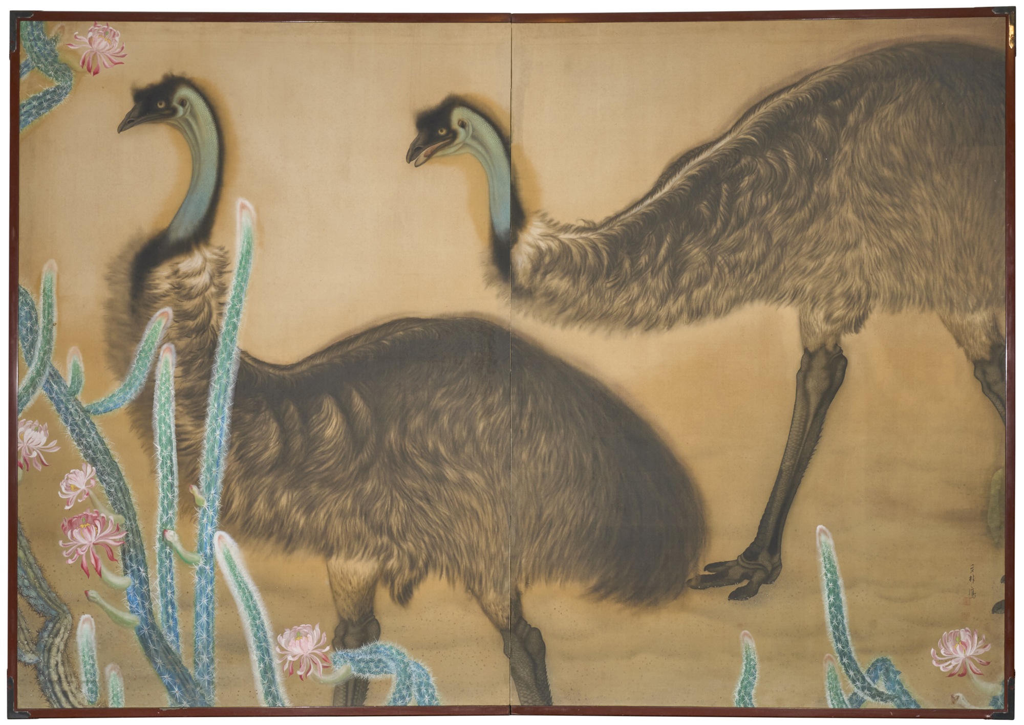 Japanese Two Panel Screen: Emu in Flowering Cactus