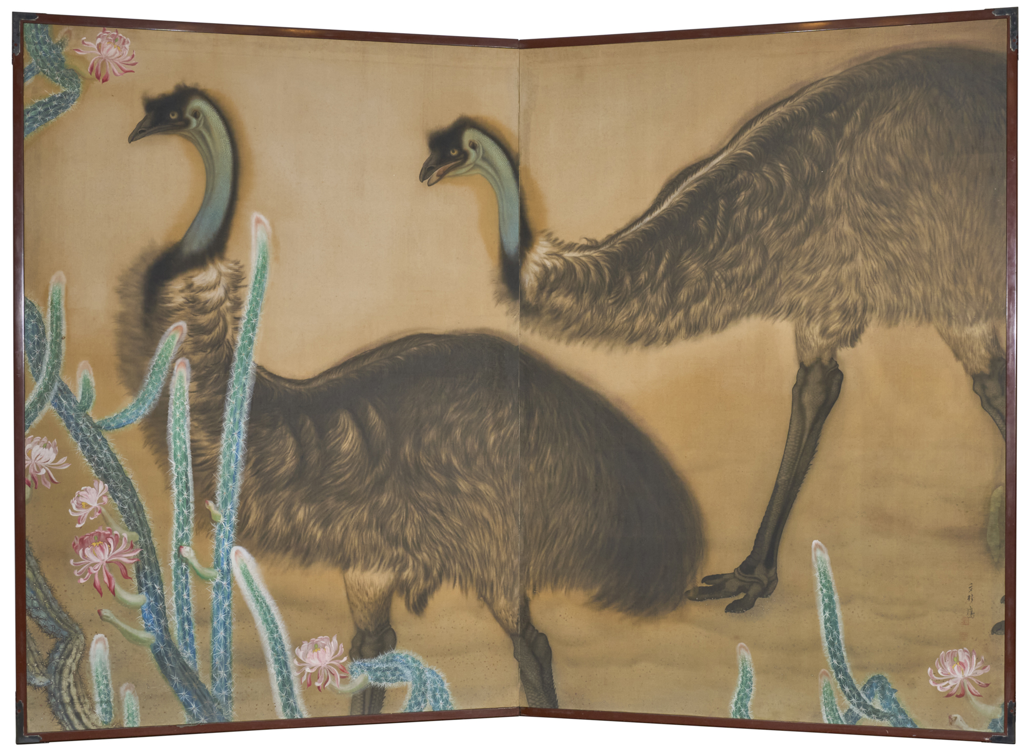 Japanese Two Panel Screen: Emu in Flowering Cactus