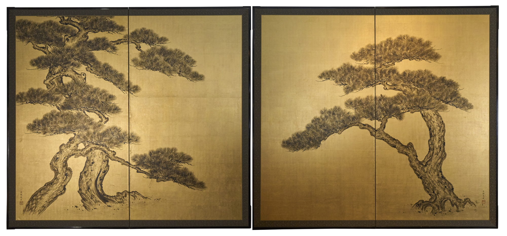 Pair of Japanese Two Panel Screens: Pine on Gold