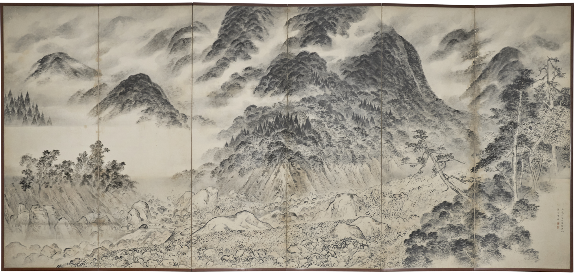 Pair of Japanese Six Panel Screens: Into the Woods / Mountains in the Mist
