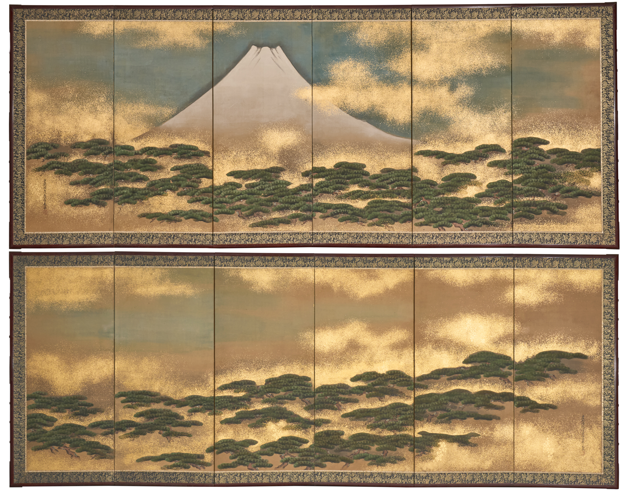 Pair of Japanese Six Panel Screens- Mount Fuji and Pine Grove