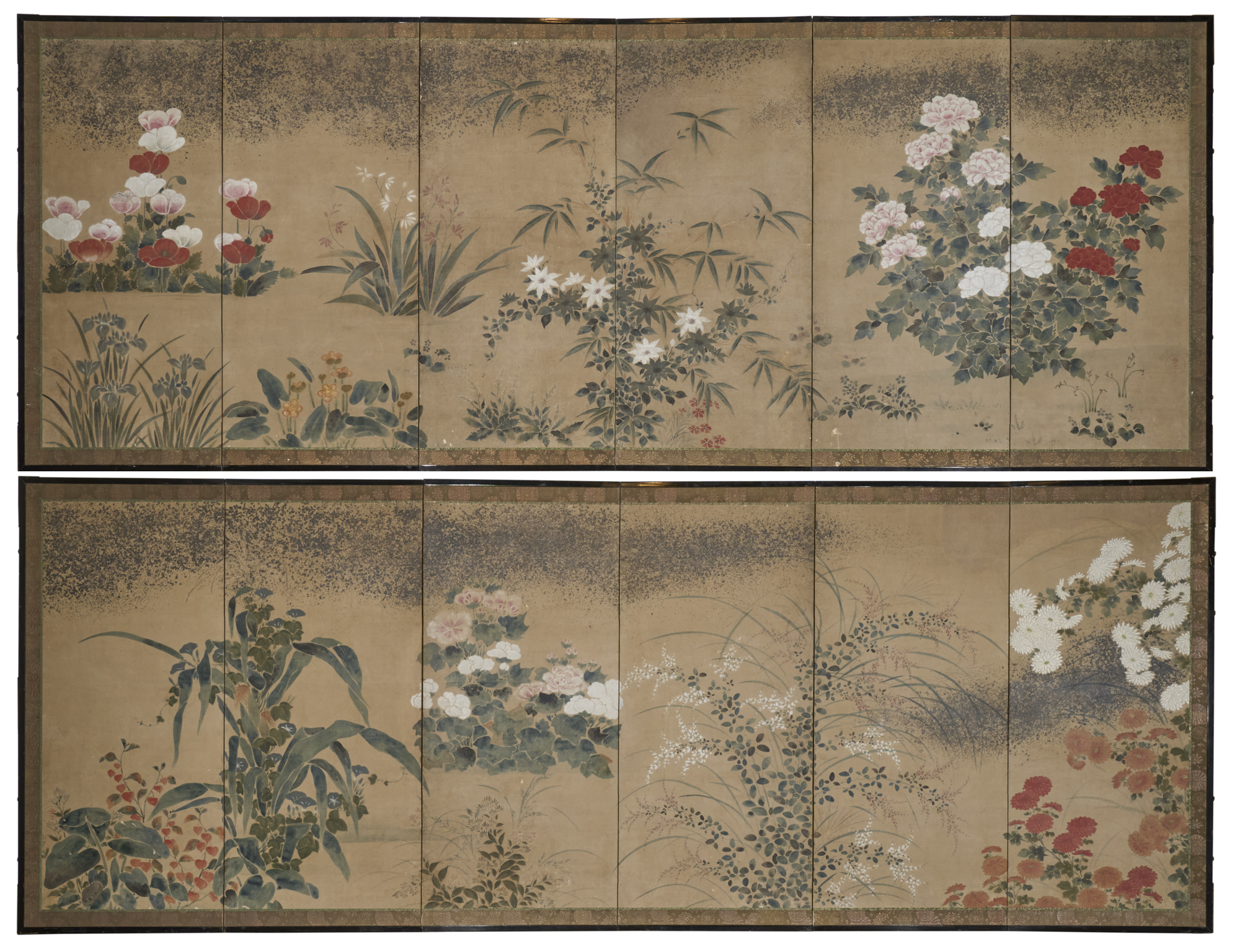 Pair of Japanese Six panel Screens: Summer Flowers