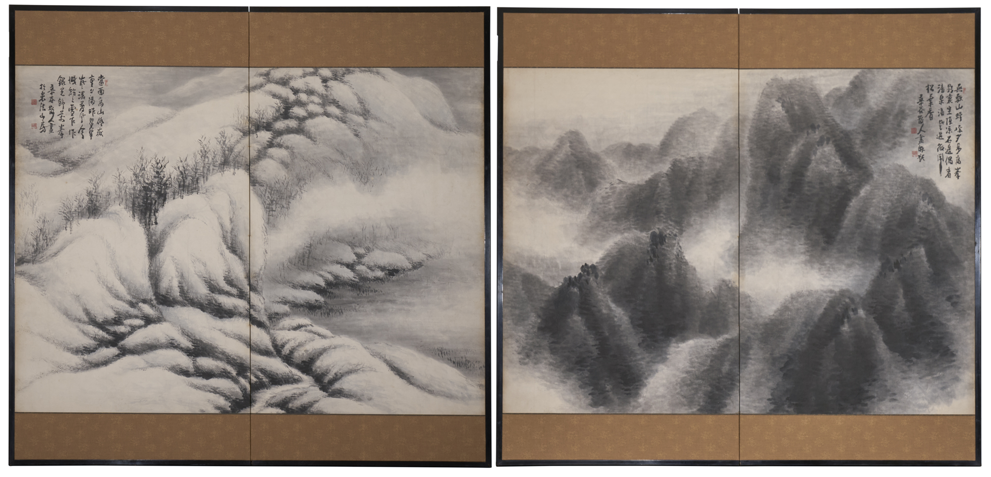 Pair of Japanese Two Panel Screens: Sumi-e Snow Scene / Mountain Landscape