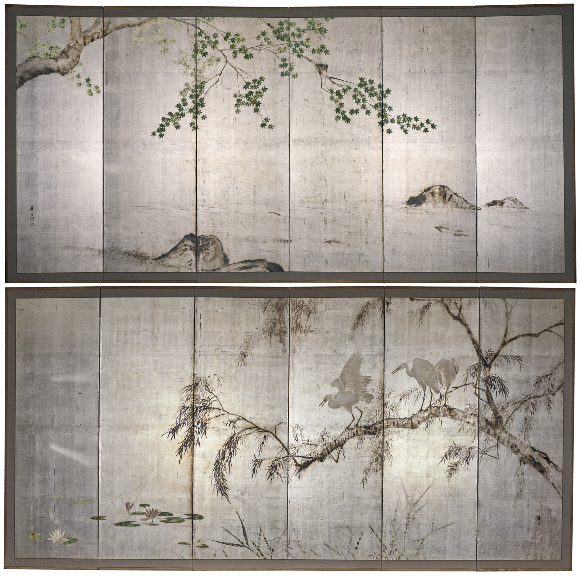 Pair of Japanese Six Panel Screens: Lake Landscape