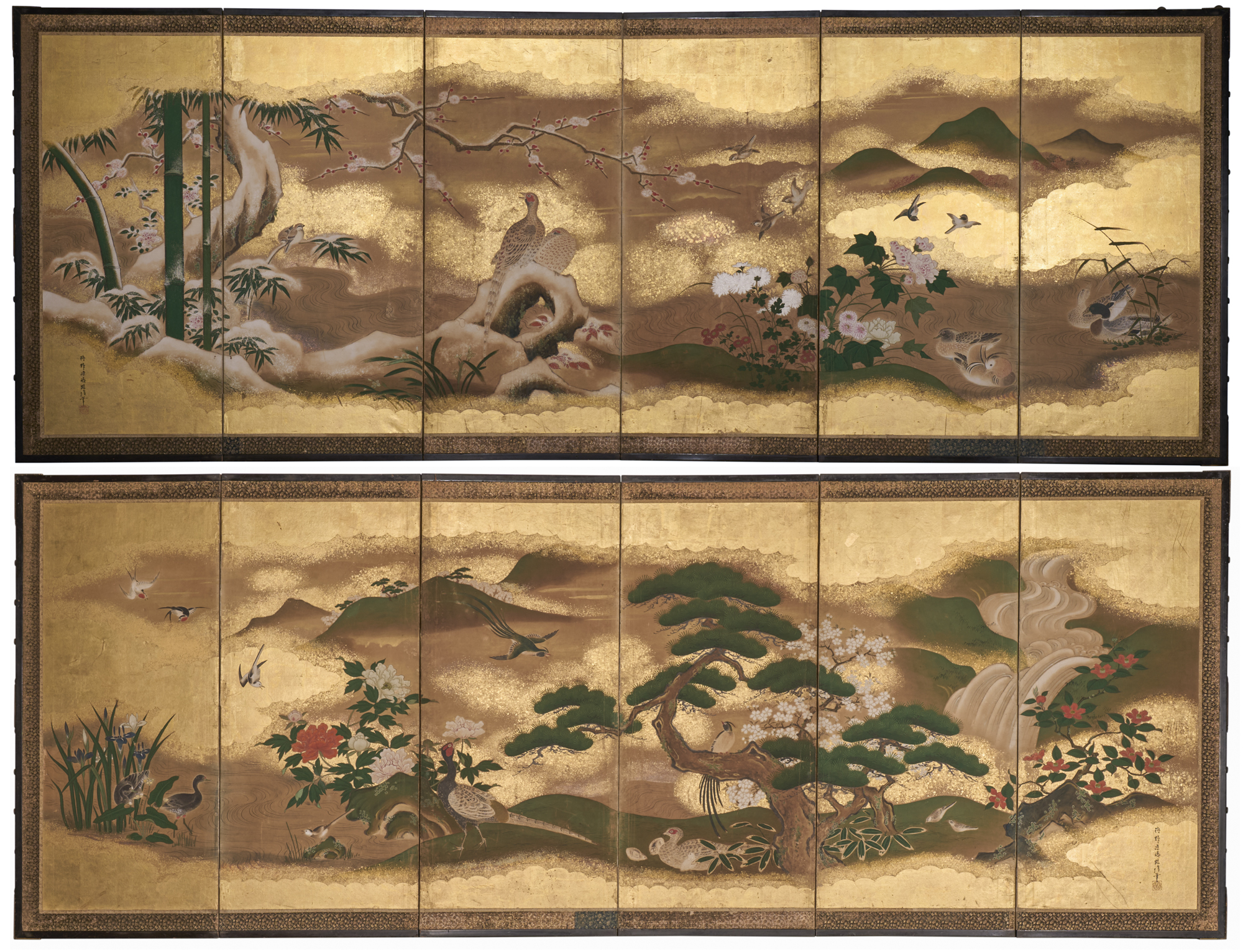 Pair of Japanese Six Panel Screen: Seasons