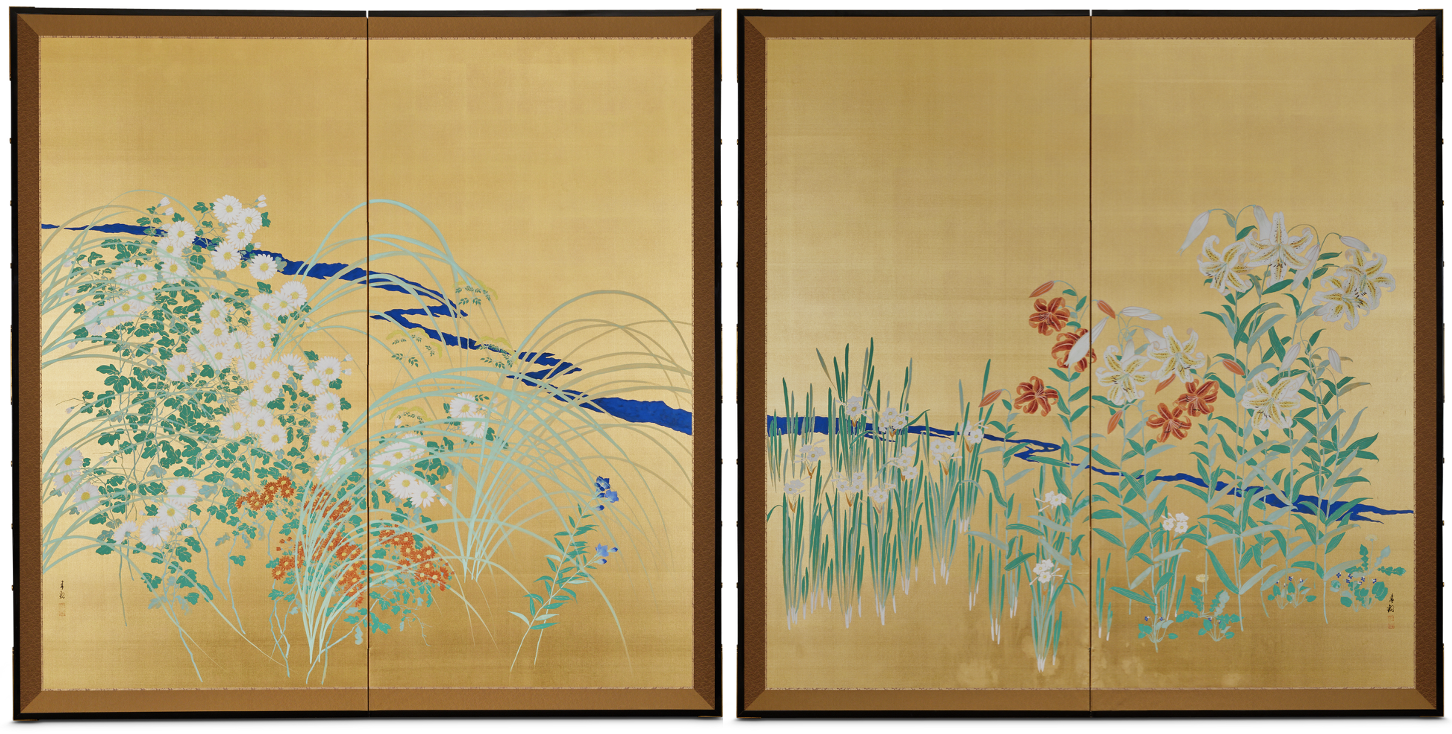 Pair of Japanese Two Panel Screens: Flowers by River’s Edge
