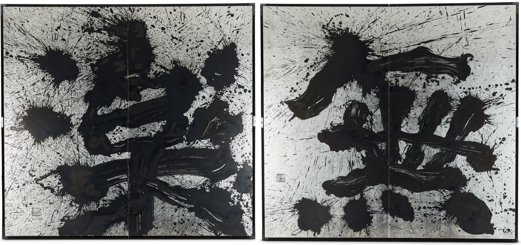 Pair of Japanese Two Panel Screens: Raku (Pleasure) / Mu (Nothing)