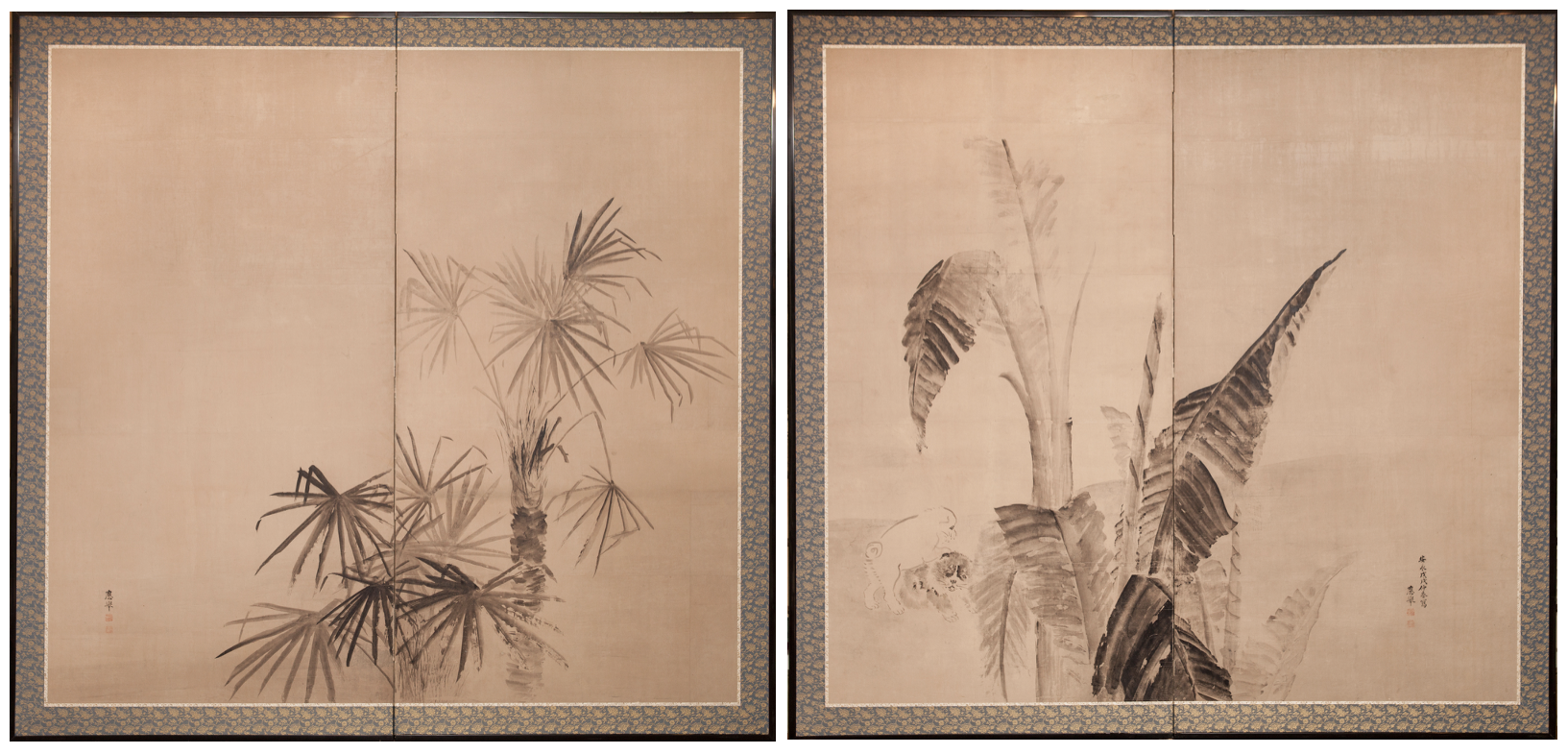 Pair of Japanese Two Panel Screens: Palm Trees by Maruyama Okyo