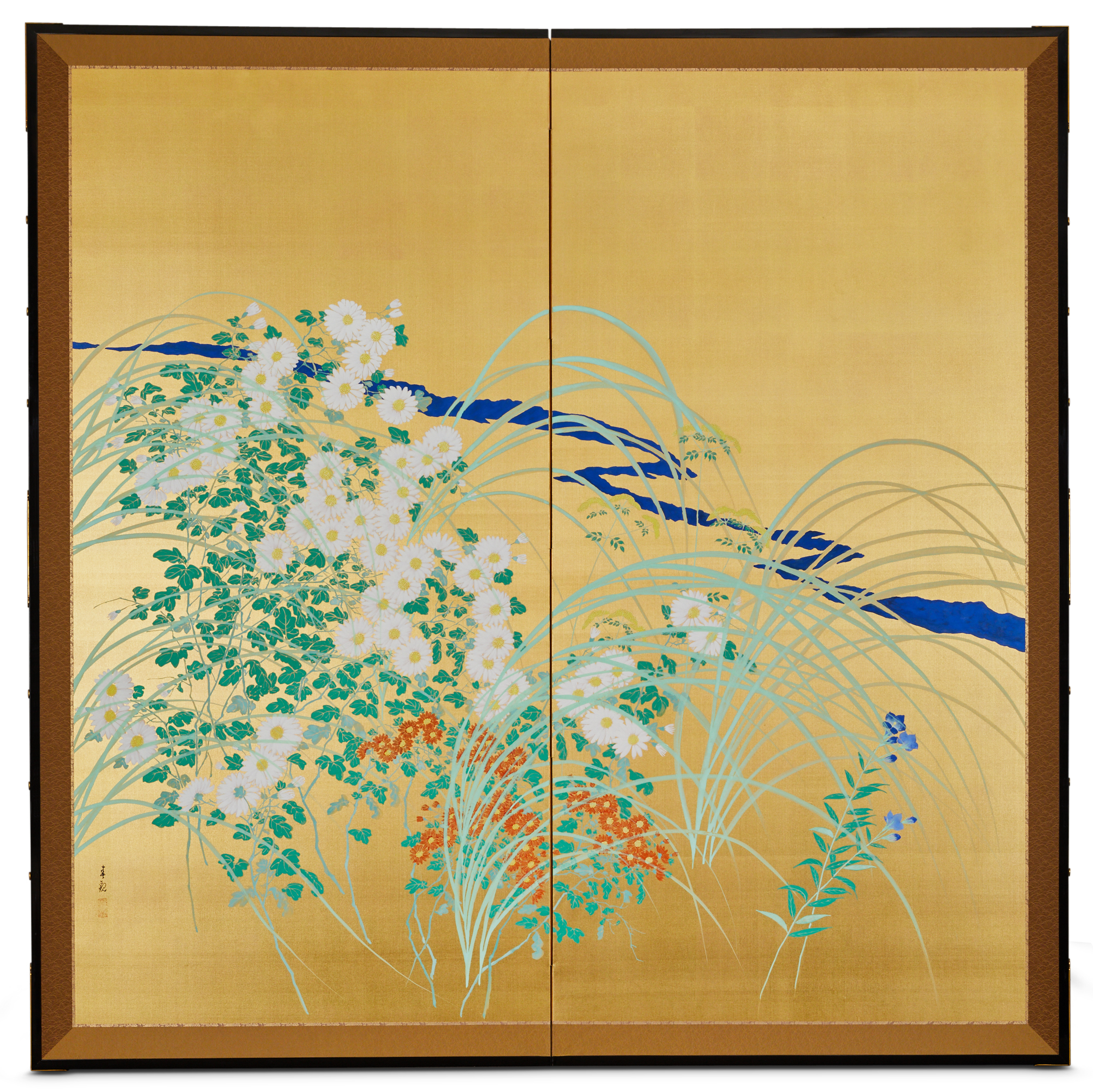 Pair of Japanese Two Panel Screens: Flowers by River’s Edge