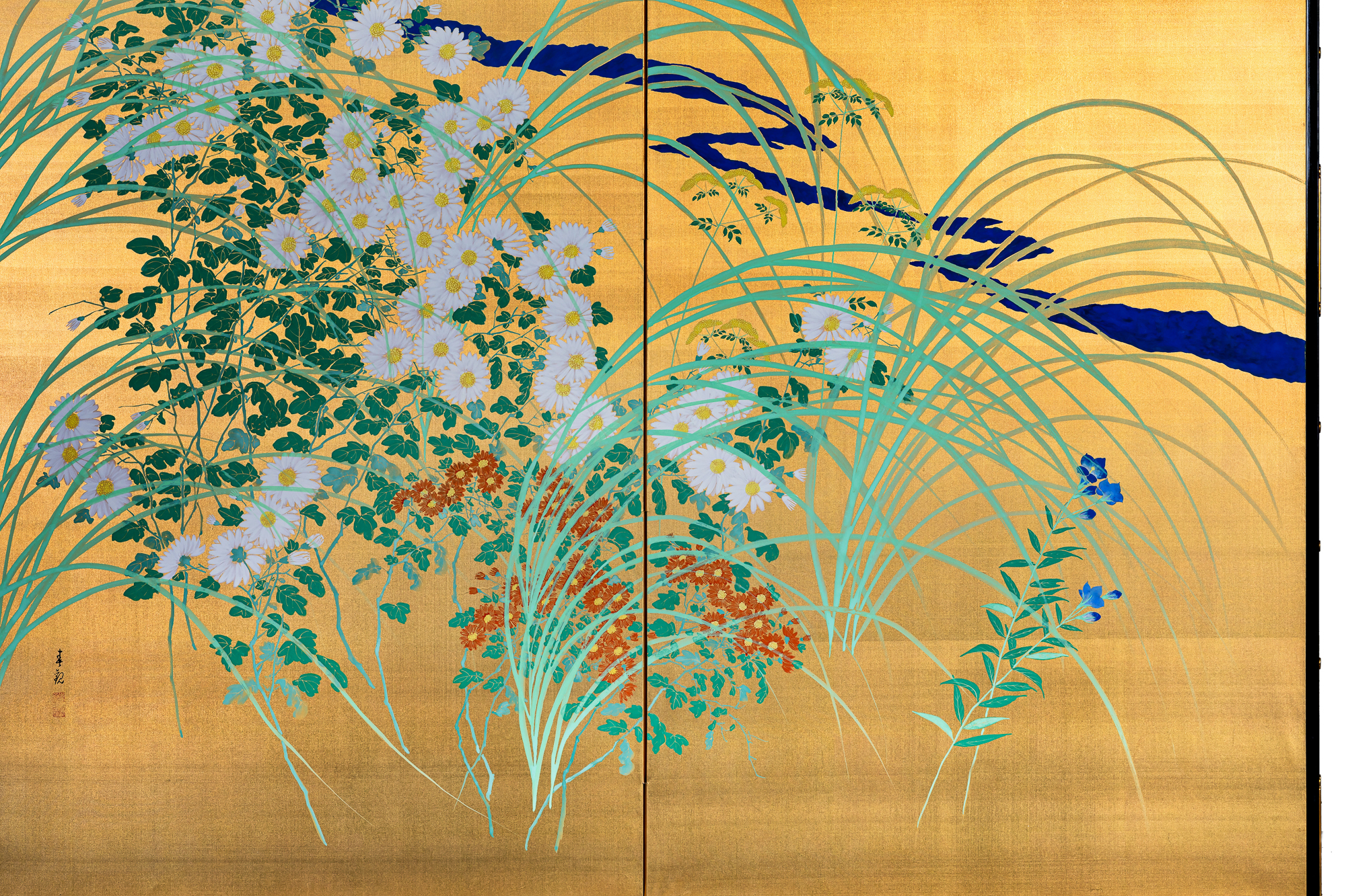 Pair of Japanese Two Panel Screens: Flowers by River’s Edge