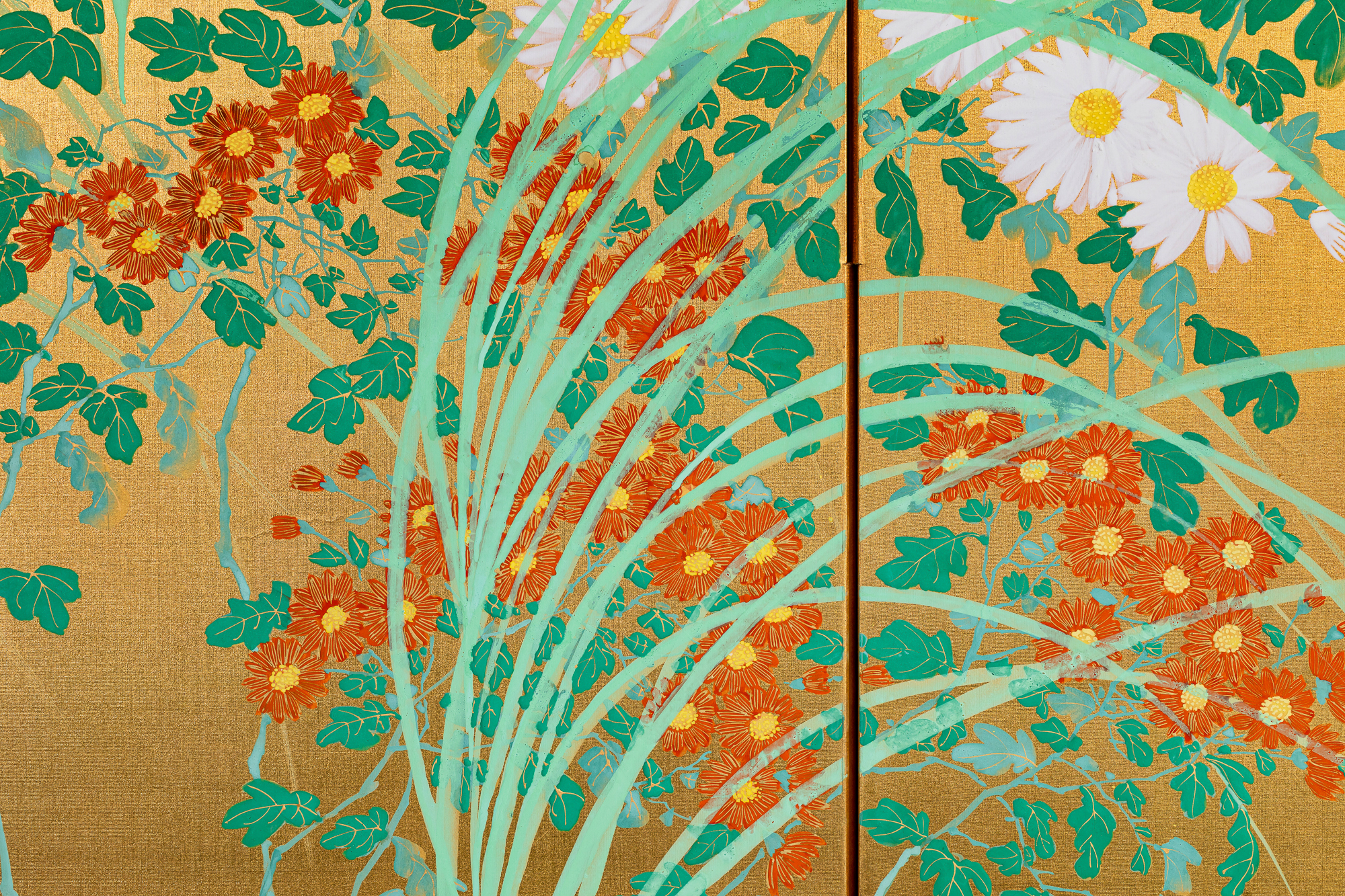 Pair of Japanese Two Panel Screens: Flowers by River’s Edge