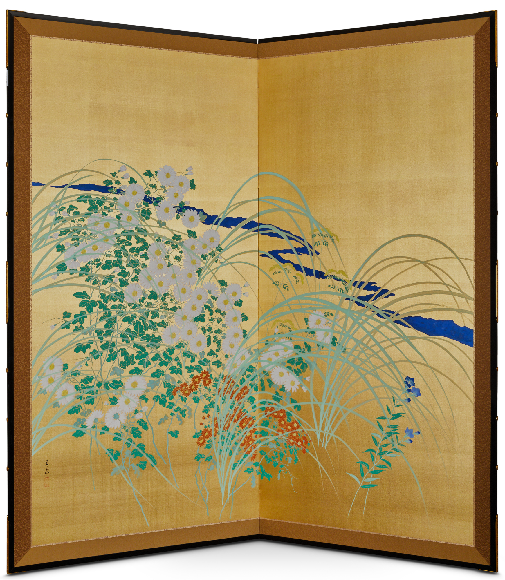 Pair of Japanese Two Panel Screens: Flowers by River’s Edge