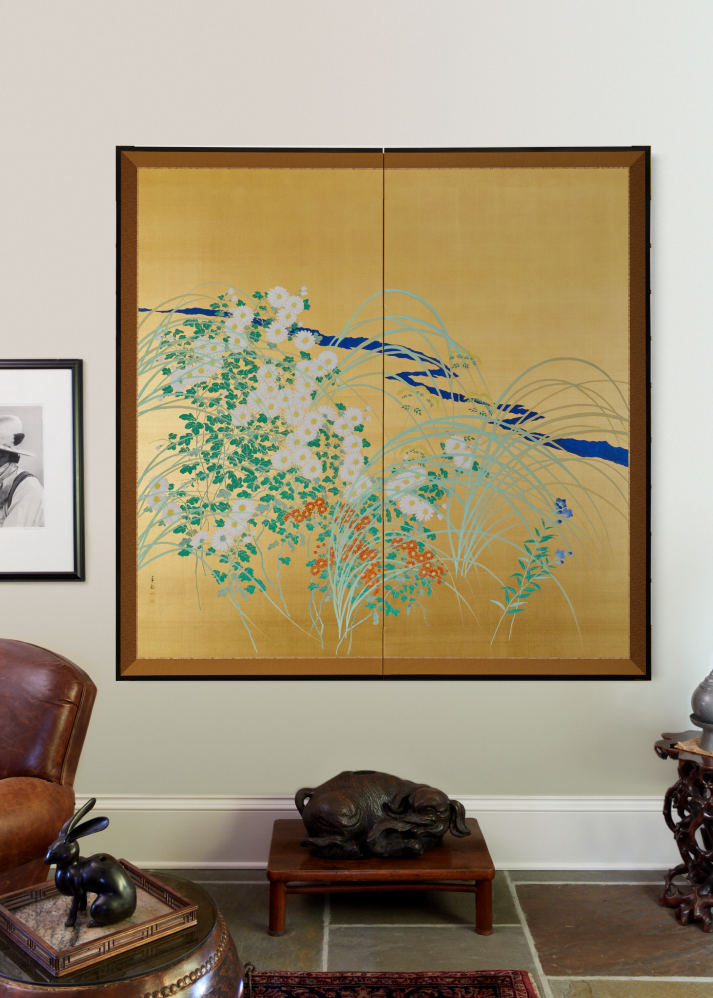 Pair of Japanese Two Panel Screens: Flowers by River’s Edge