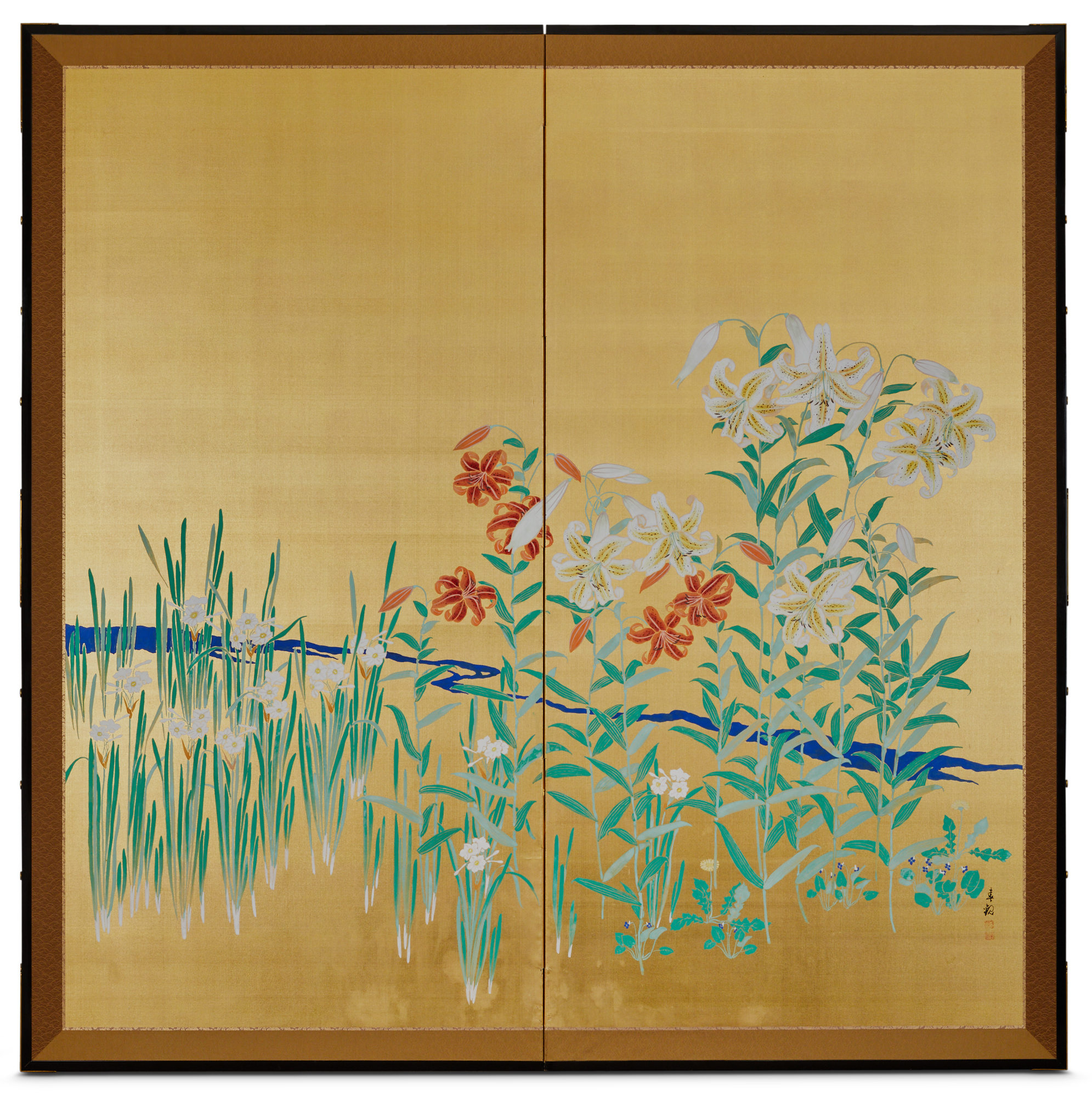Pair of Japanese Two Panel Screens: Flowers by River’s Edge