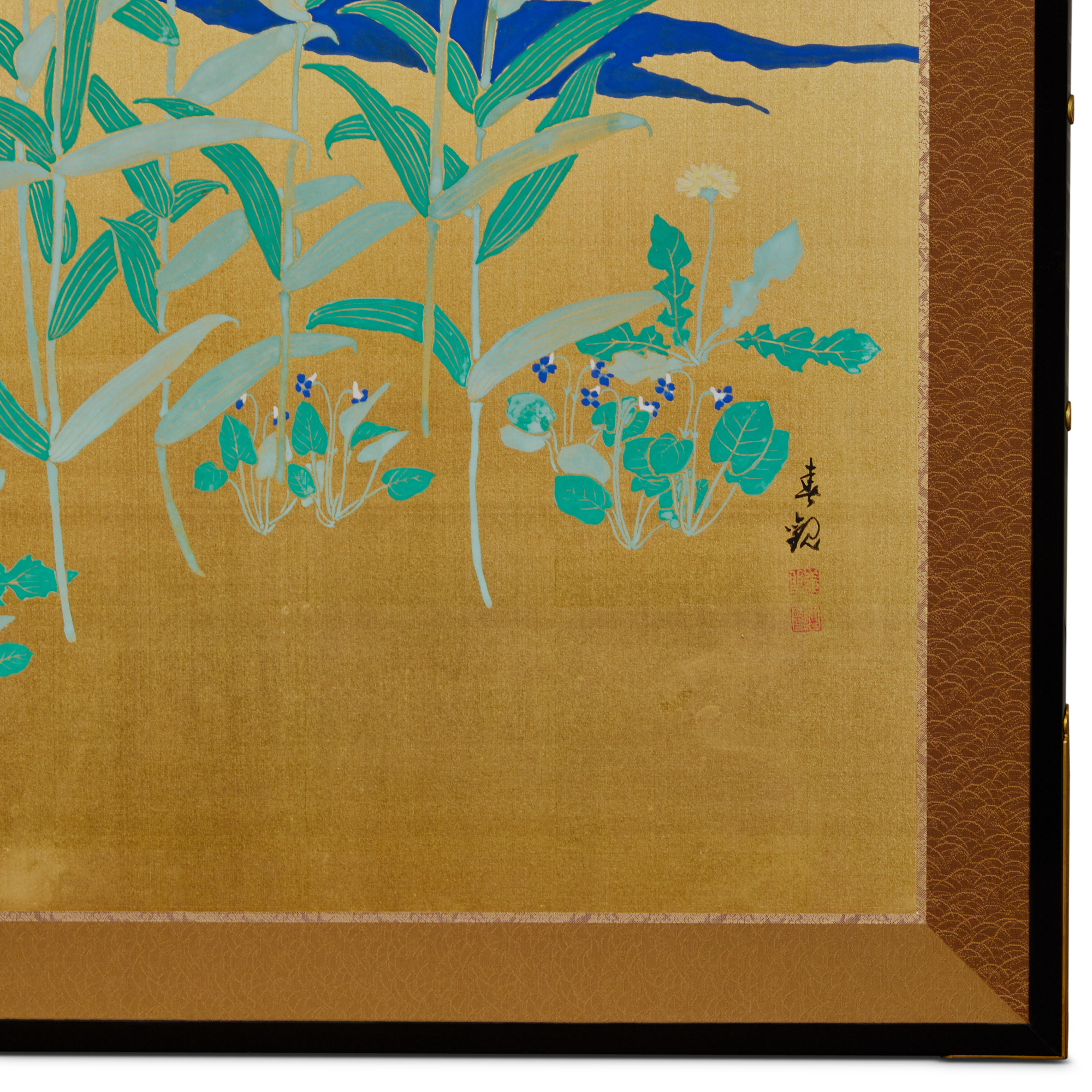 Pair of Japanese Two Panel Screens: Flowers by River’s Edge