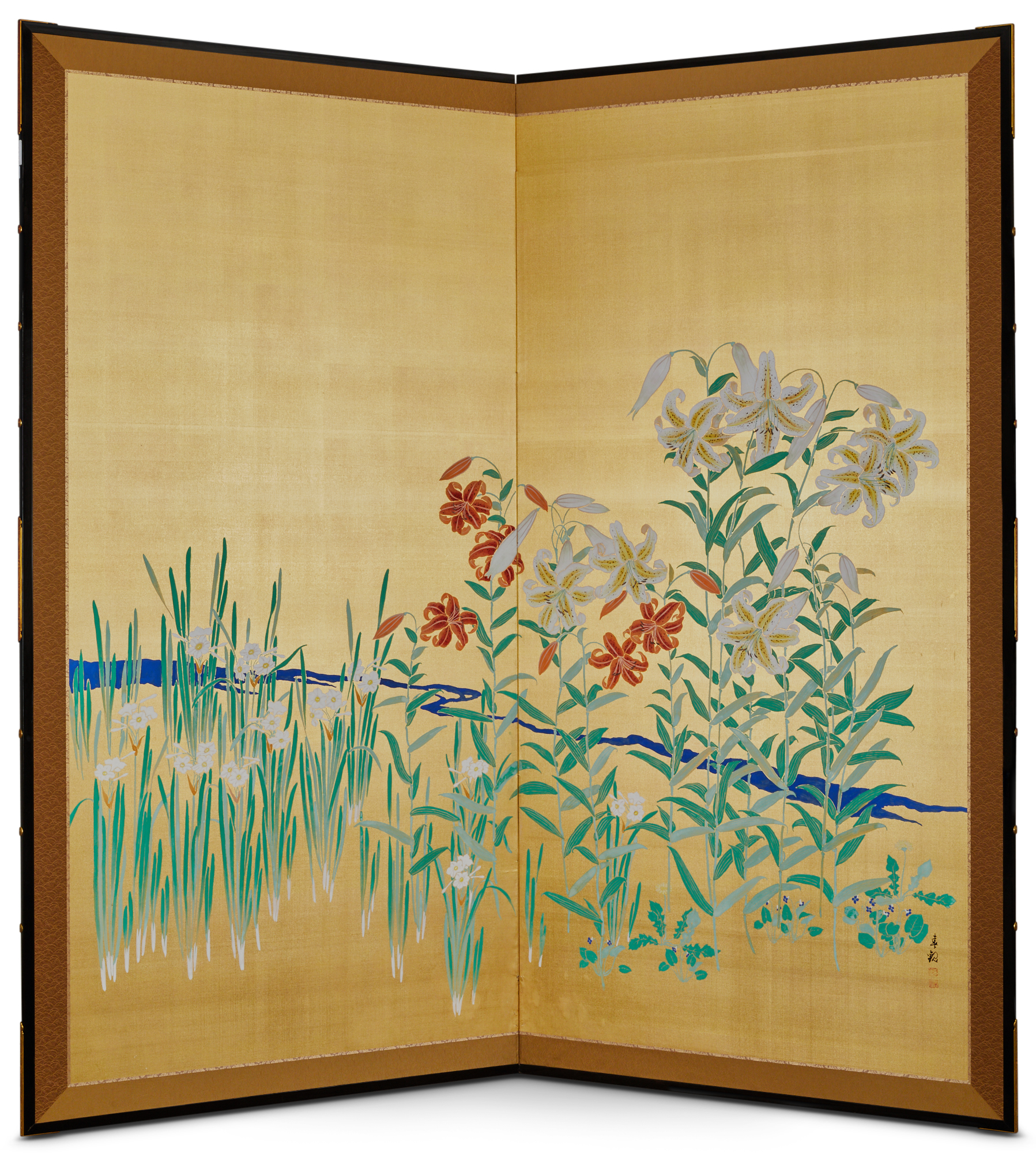 Pair of Japanese Two Panel Screens: Flowers by River’s Edge