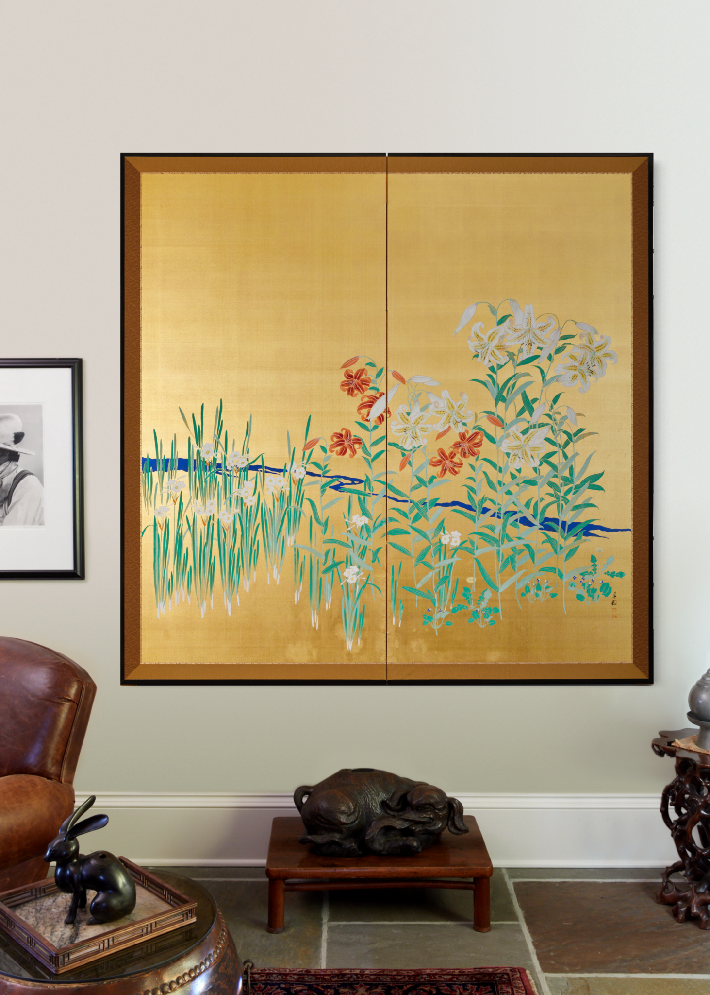 Pair of Japanese Two Panel Screens: Flowers by River’s Edge