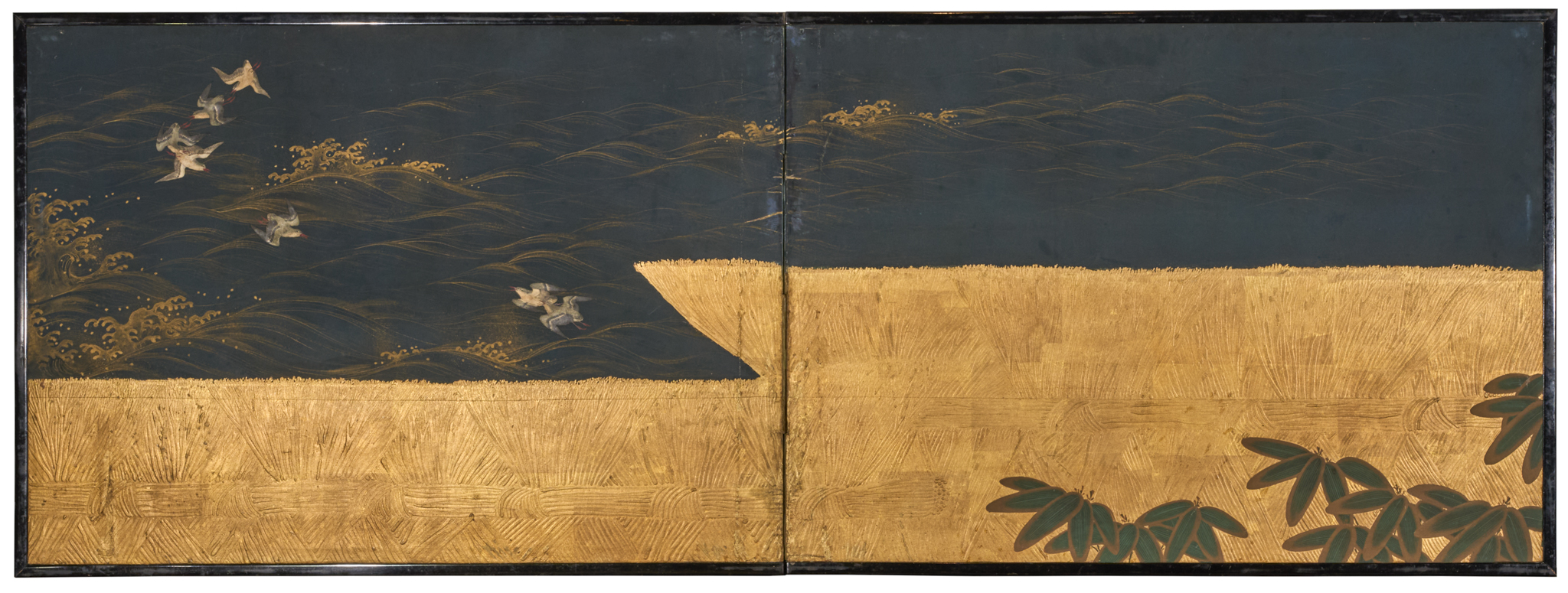 Japanese Two Panel Screen: Plovers Over Waves