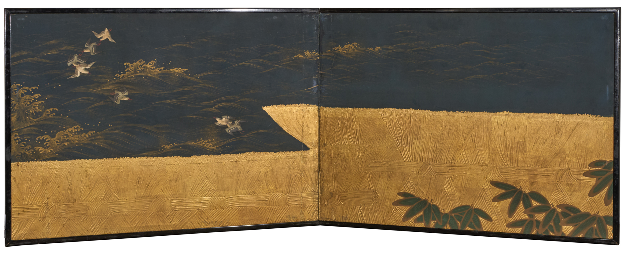 Japanese Two Panel Screen: Plovers Over Waves