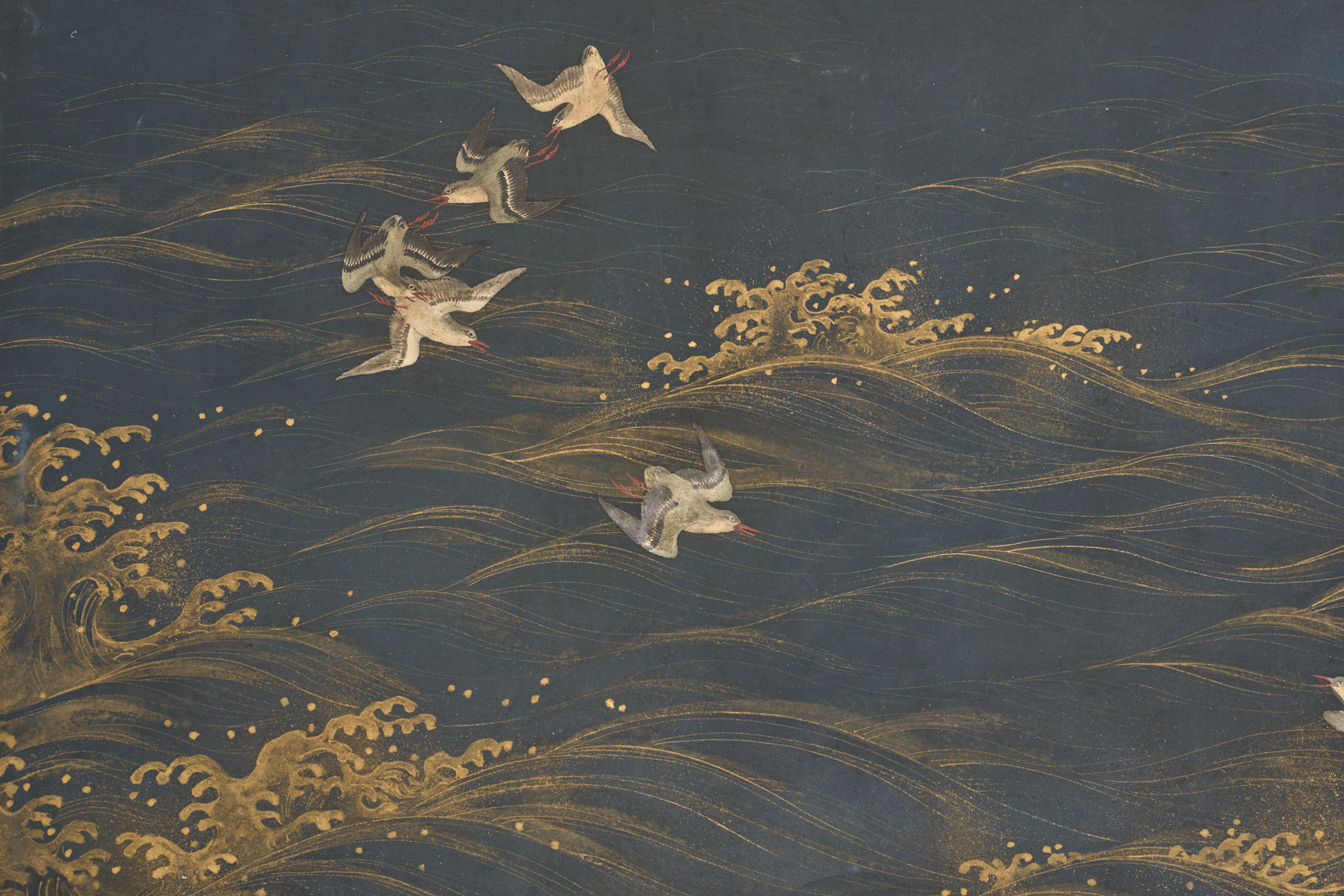 Japanese Two Panel Screen: Plovers Over Waves