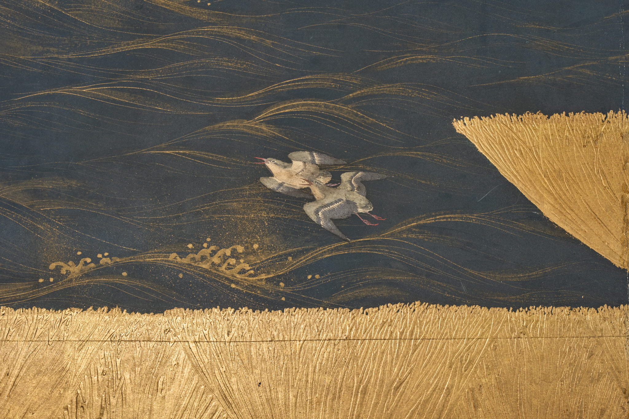 Japanese Two Panel Screen: Plovers Over Waves