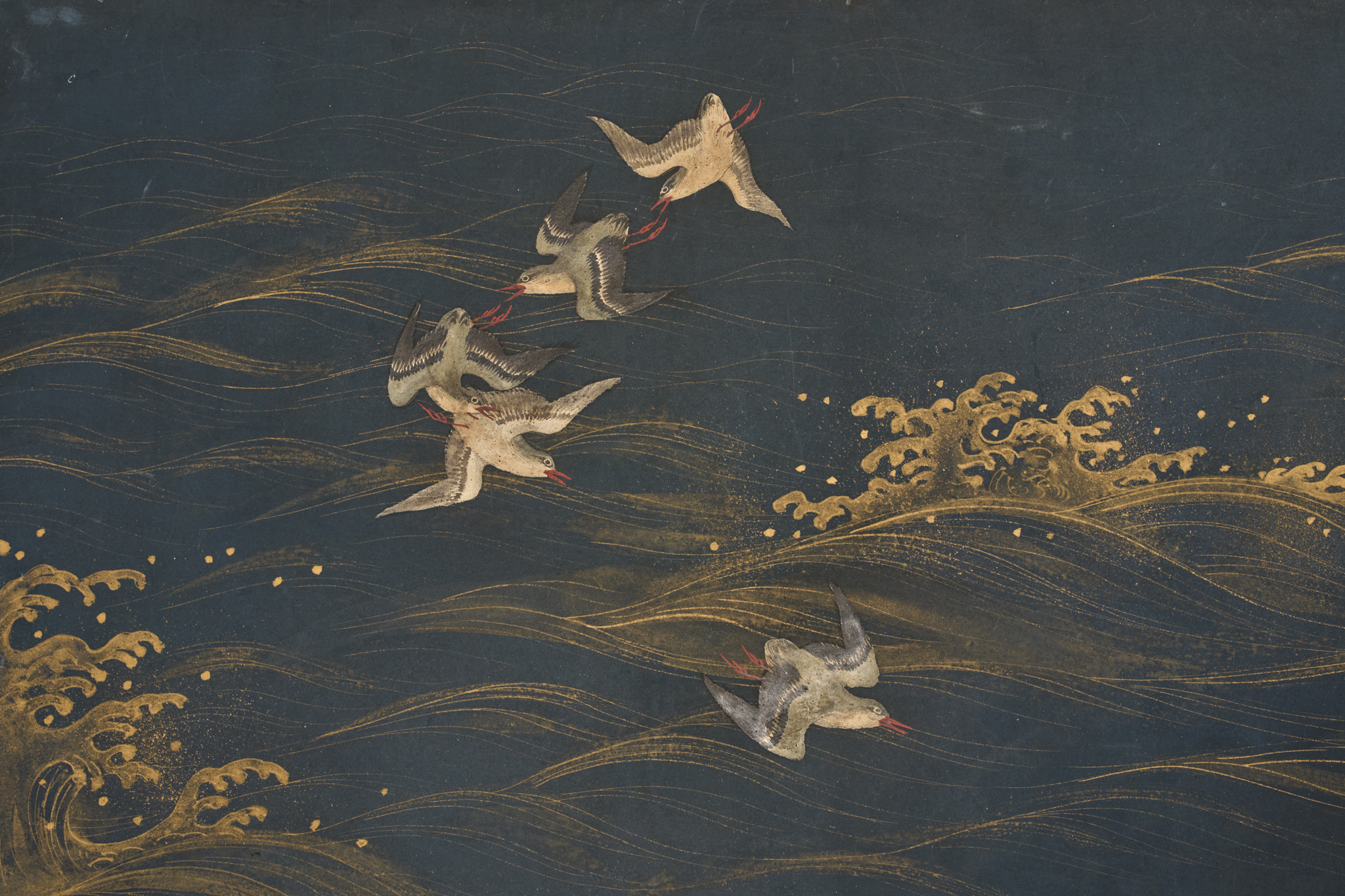 Japanese Two Panel Screen: Plovers Over Waves