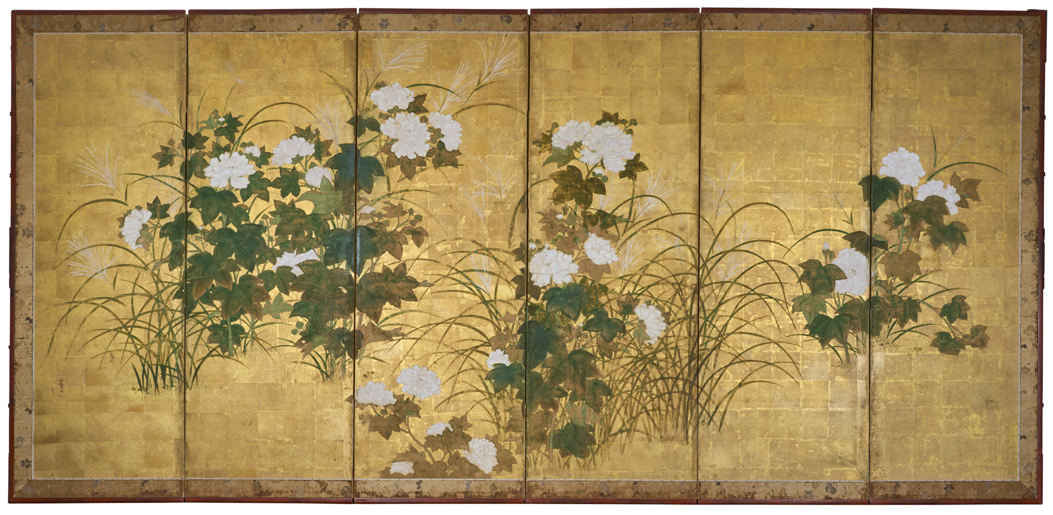 Japanese Six Panel Screen: Peony and Wild Grasses on Gold