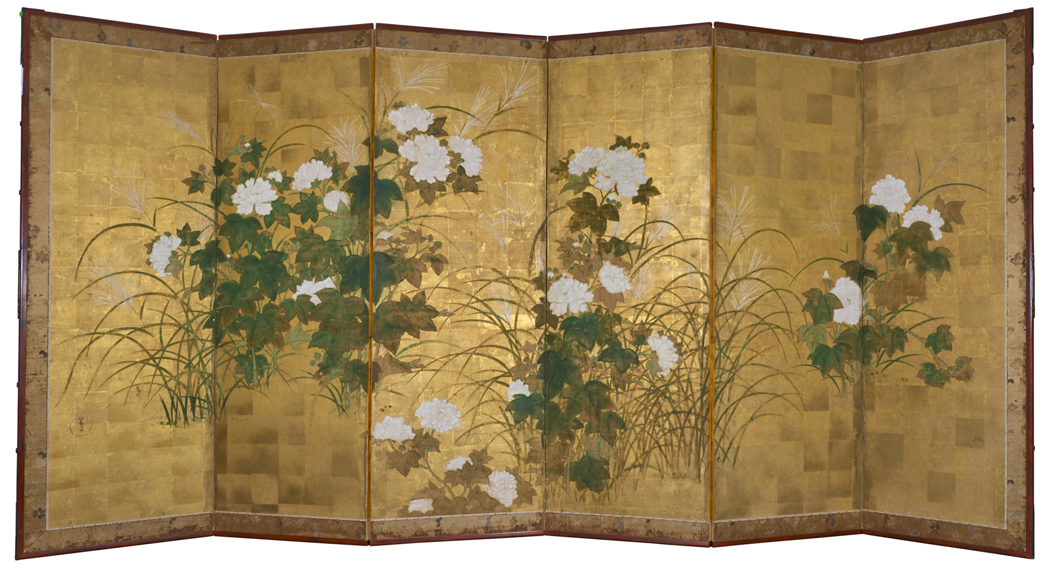 Japanese Six Panel Screen: Peony and Wild Grasses on Gold