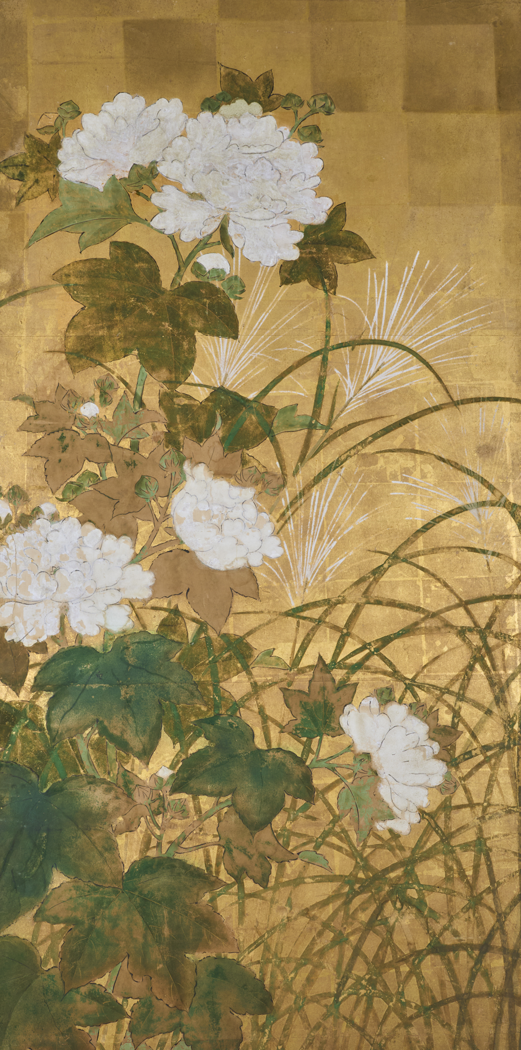 Japanese Six Panel Screen: Peony and Wild Grasses on Gold